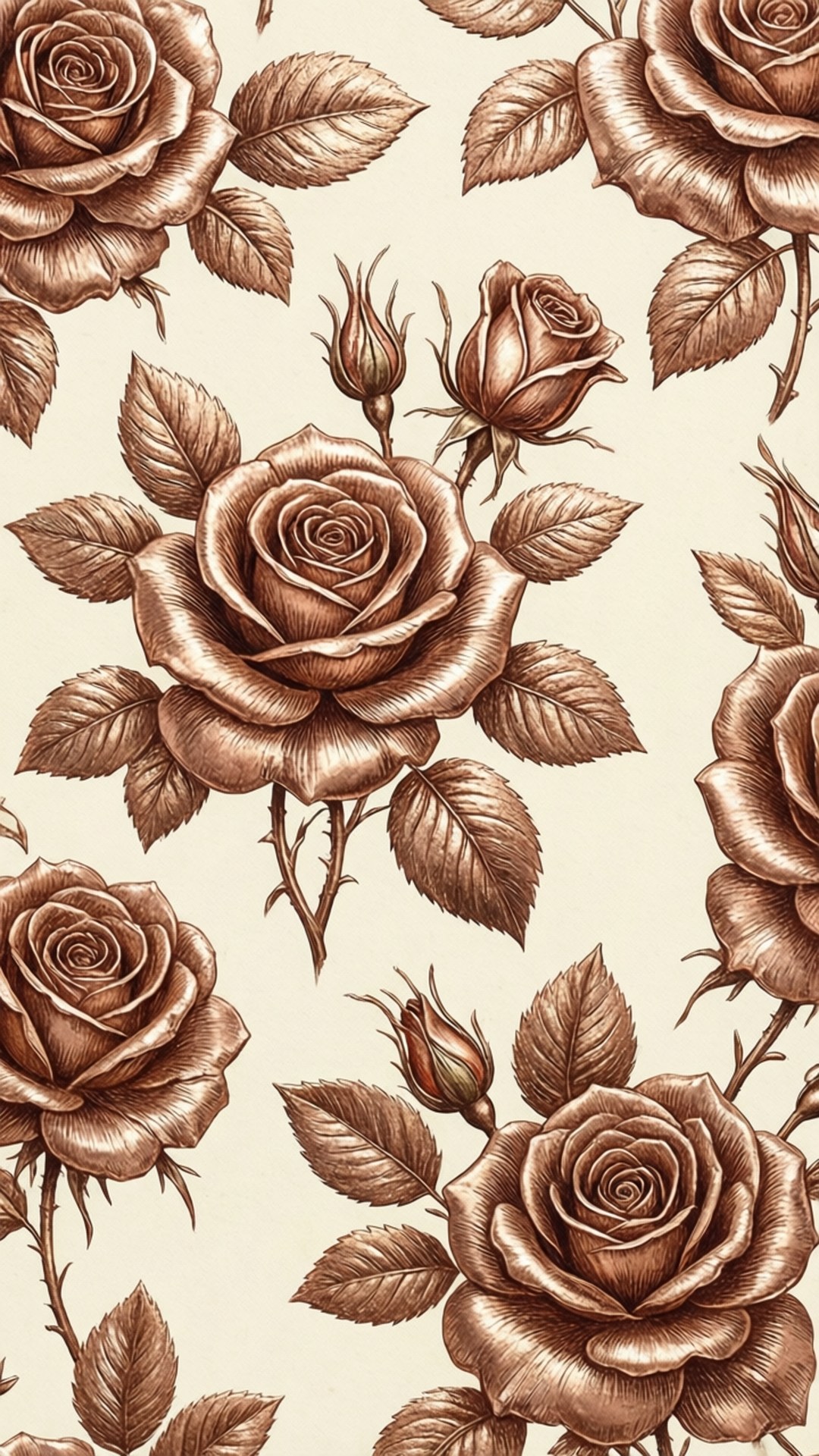Gilded Roses 壁紙 — 在奶油色背景上，精緻的青銅玫瑰和花蕾的優雅壁紙圖案。