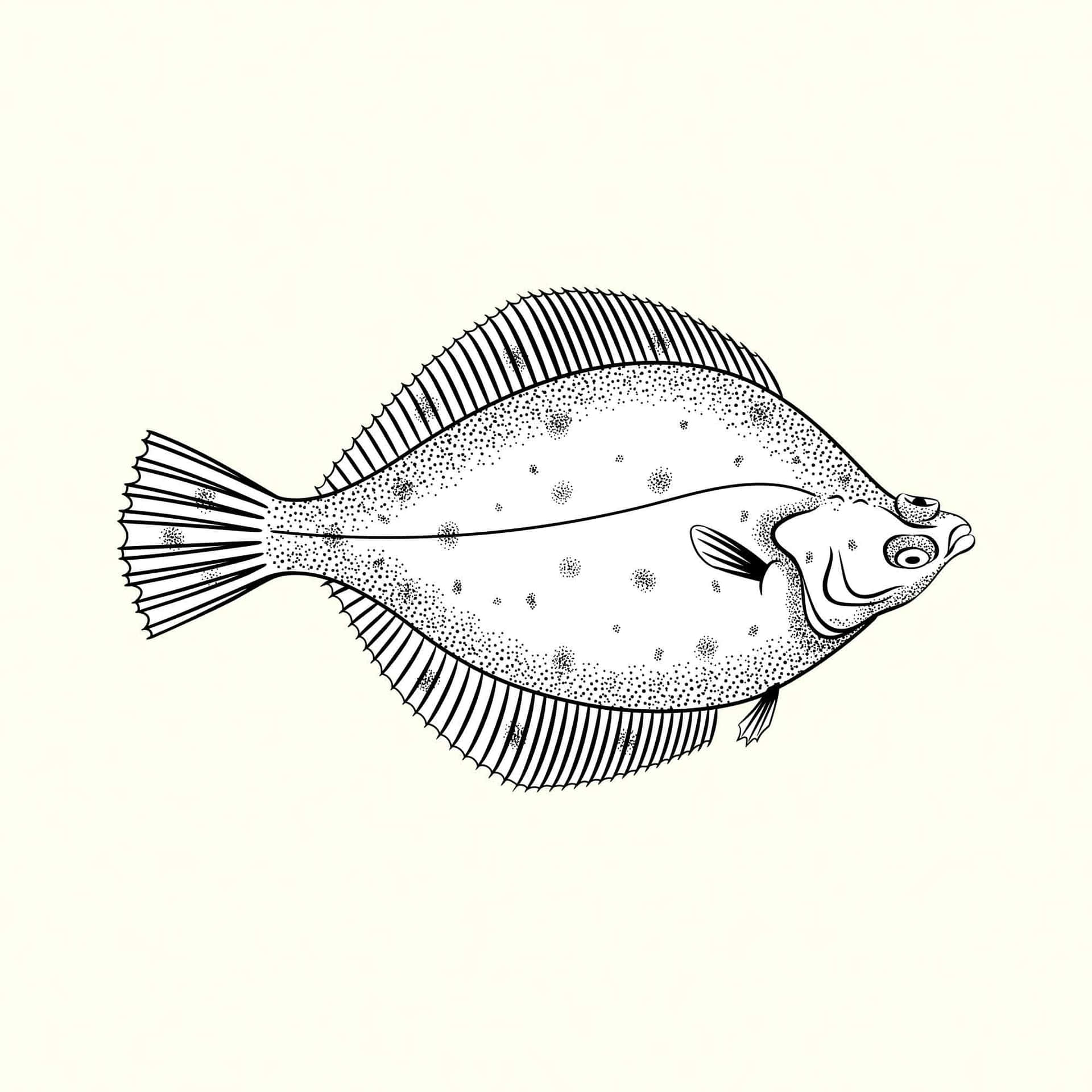  壁紙 — 在奶油色背景上，一幅詳細的黑白比目魚插圖，帶有斑點紋理和精細線條。