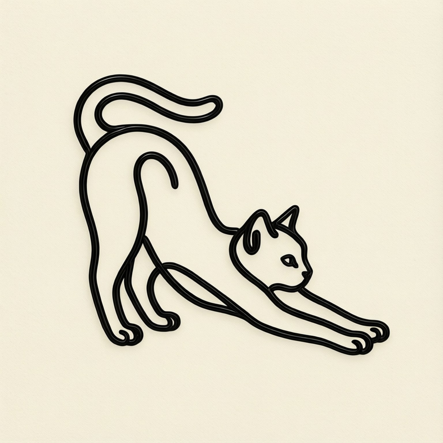 Free Cat For Cricut 桌布 壁紙 — 在奶油色背景上，一隻伸展身體的貓咪的極簡黑色線條畫。