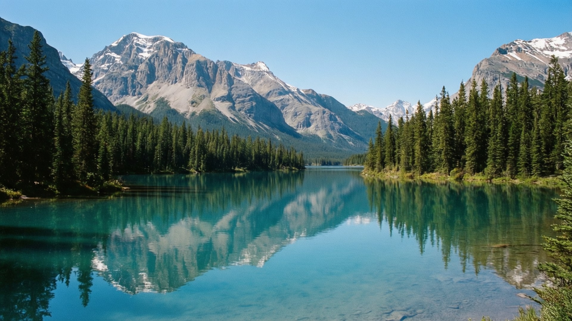 Canadian Rockies Turquoise Lakes 壁紙 — 在清澈的藍天下，寧靜的綠松石湖面映照著積雪的山峰和茂密的常綠森林。