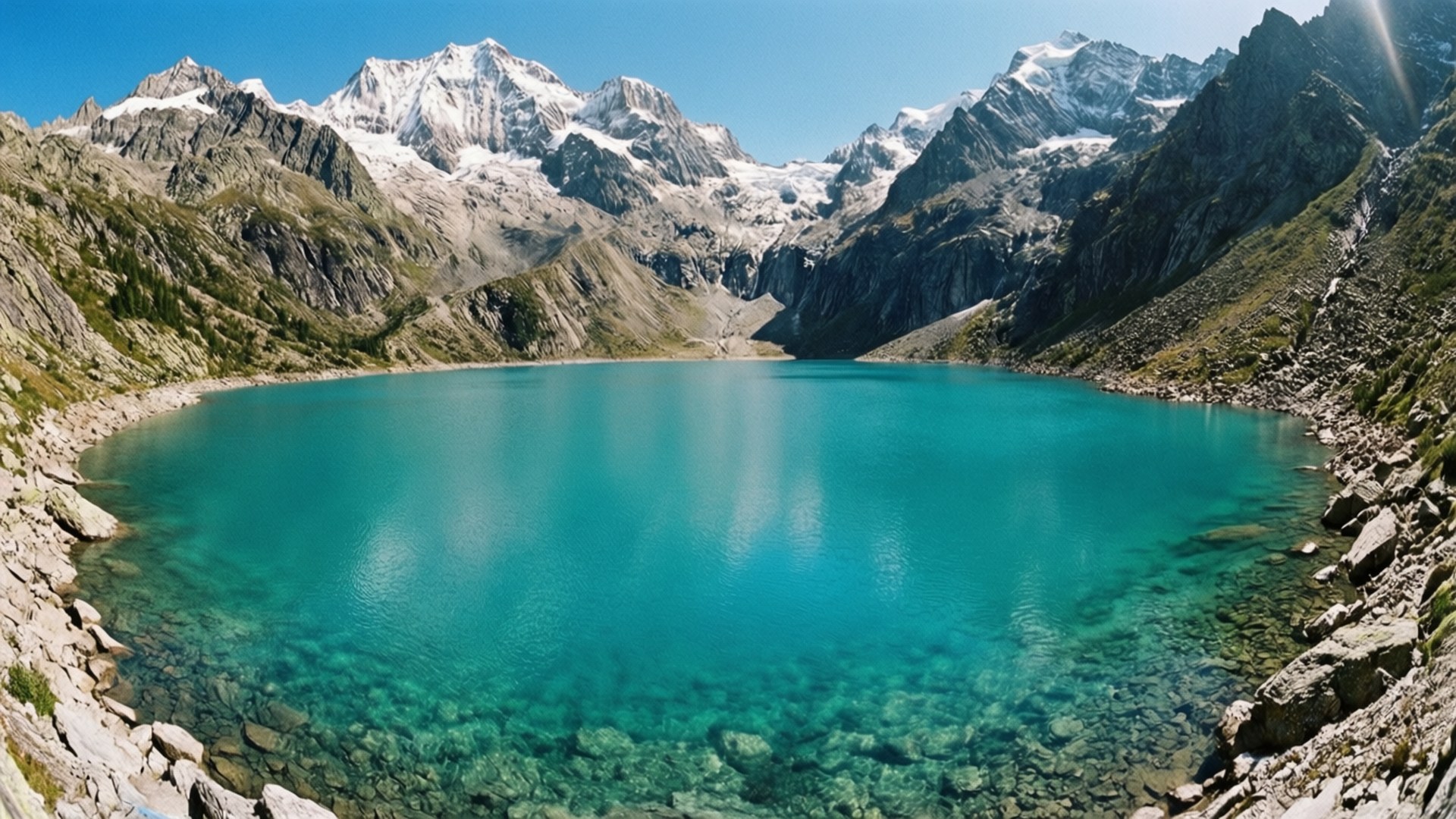Alpine Lake Panorama 壁紙 — 在清澈的藍天下，一個令人驚嘆的綠松石色高山湖泊坐落在崎嶇的雪山之中。