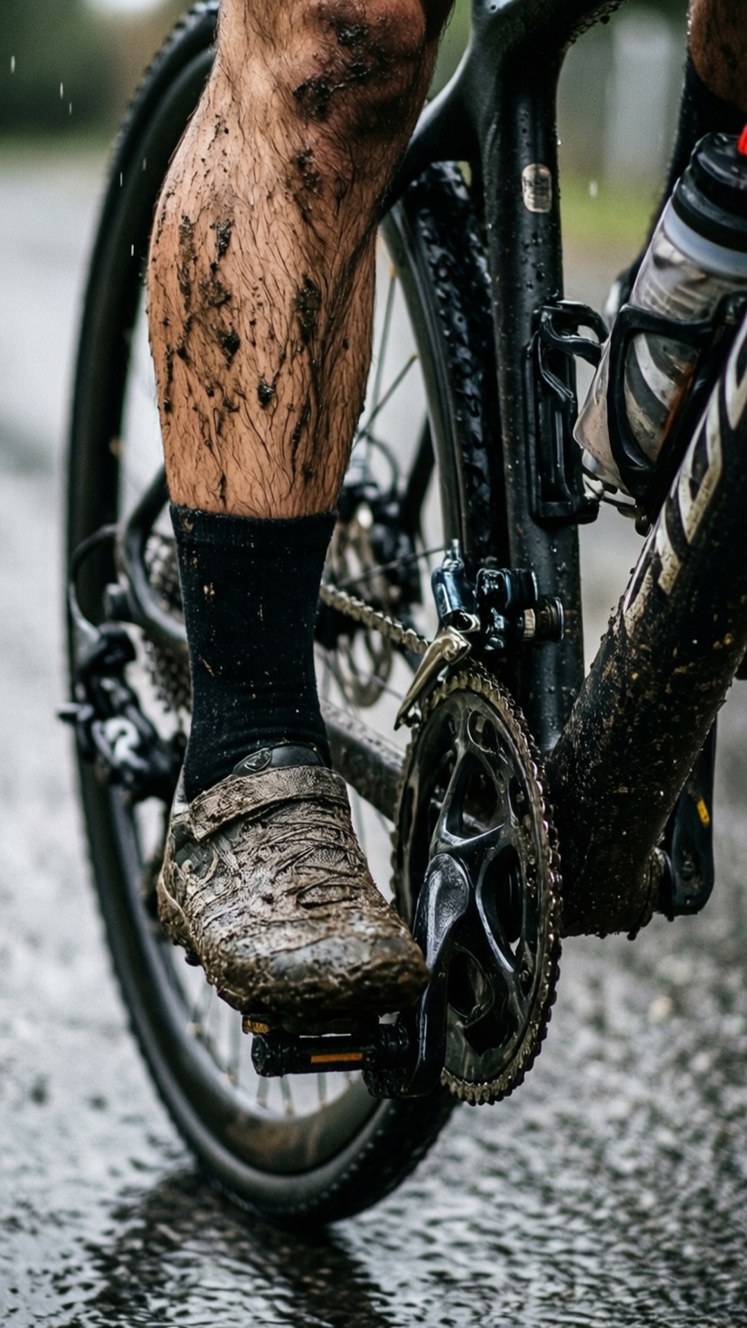 Mud and Gears 壁紙 — 在傾盆大雨中，水花四濺的濕腳踏車上，腳踏車手沾滿泥濘的腿和腳踏板。