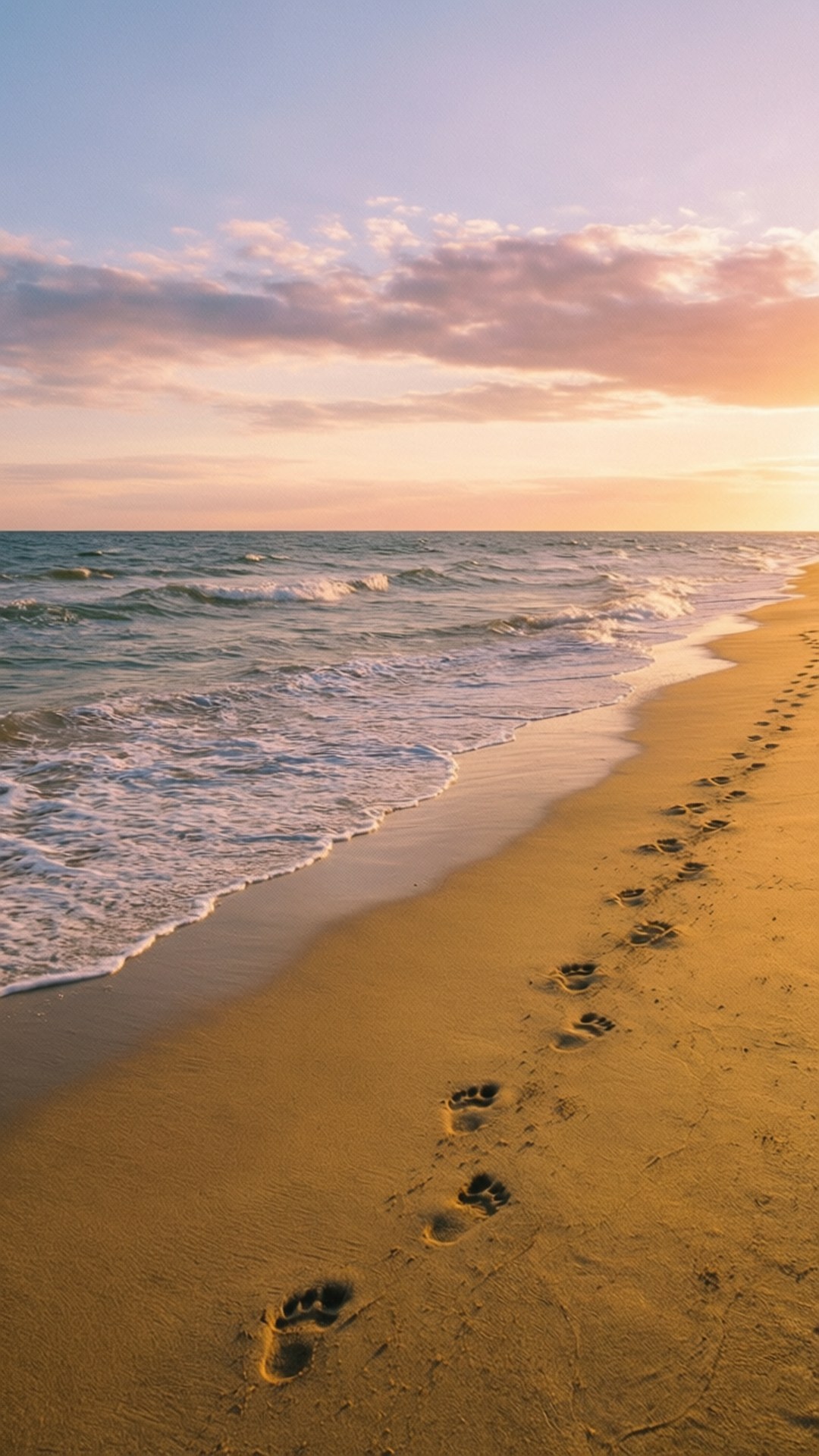 Golden Beach Sunset 壁紙 — 在柔和色調的天空下，金色沙灘上的腳印引向海浪的寧靜日落海灘場景。