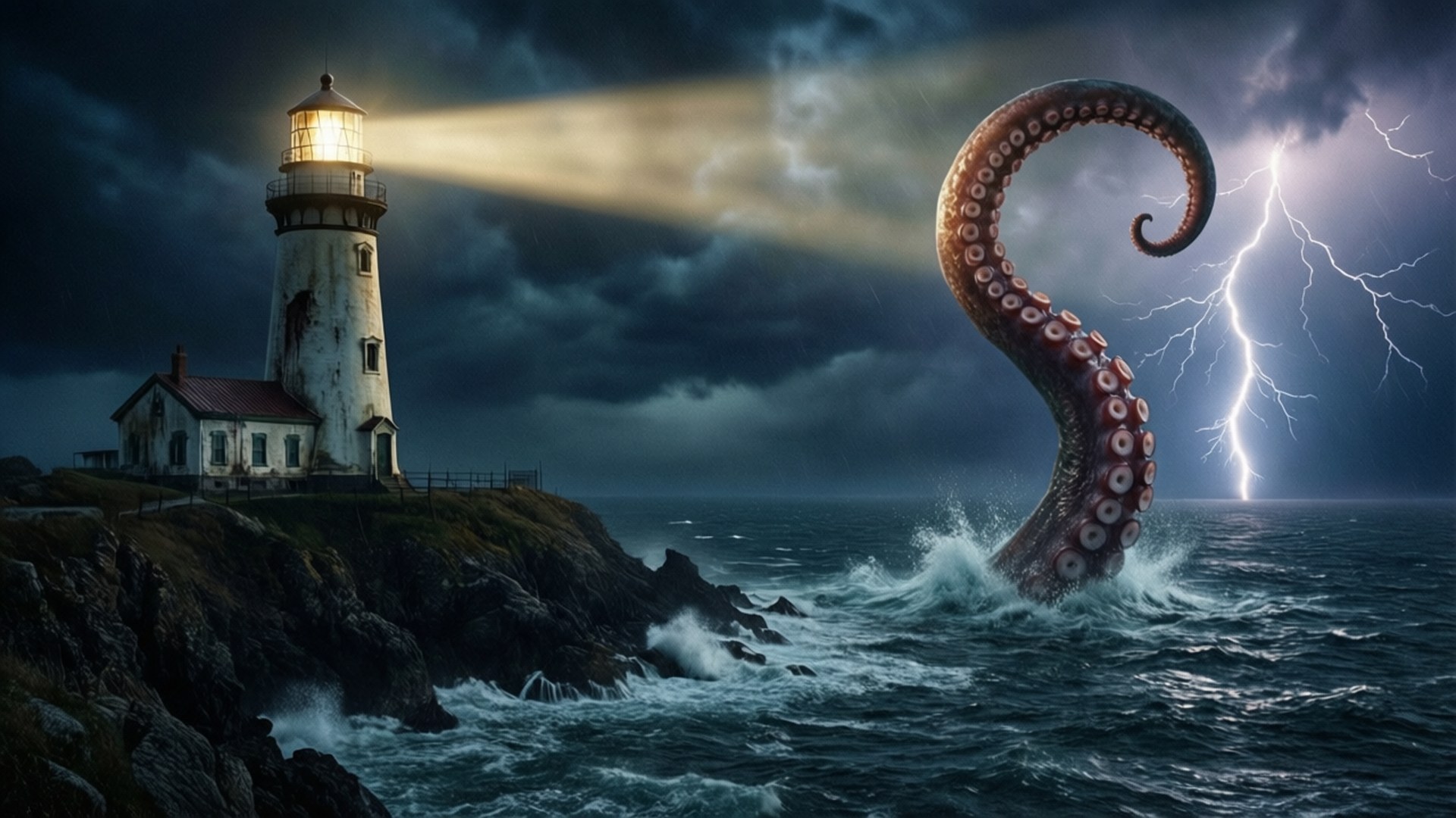 Lighthouse of the Deep 壁紙 — 在閃電劃破暴風雨的海面下，一隻巨大的章魚觸手噴湧而出，燈塔的光芒射向烏雲。