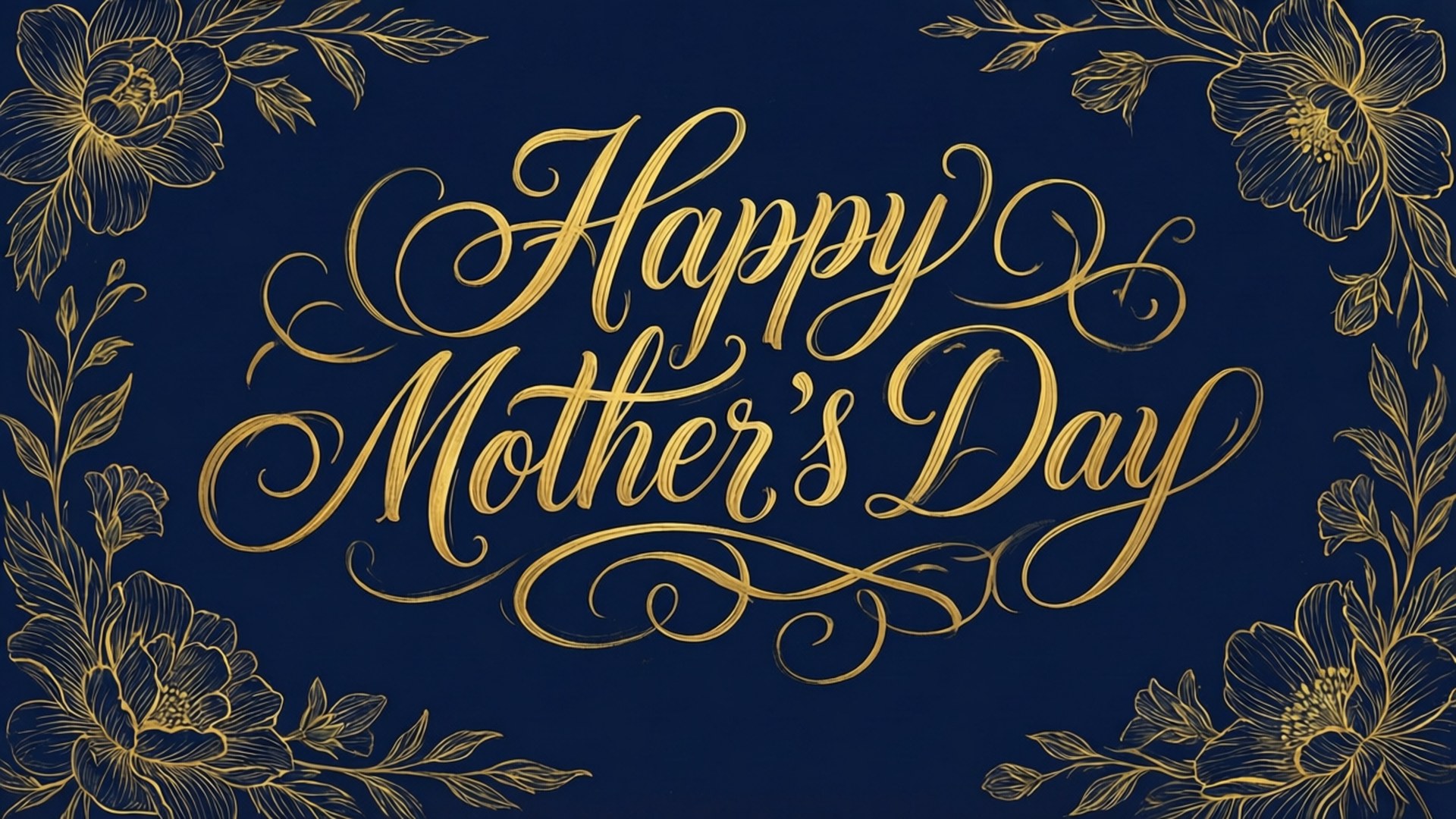 Free Mother's Day 桌布 壁紙 — 在深海軍藍背景上，優雅的金色草書Happy Mother's Day文字，飾以華麗的花卉漩渦圖案。