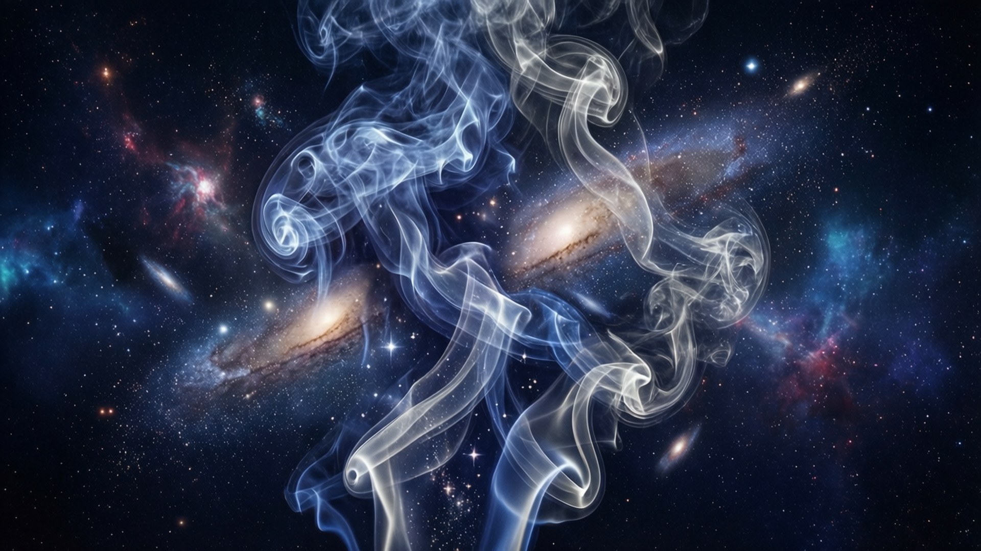 Galaxy Smoke Nebula 壁紙 — 在深空中，帶有發光星系和星雲的星場中，飄逸的藍白煙霧旋轉。