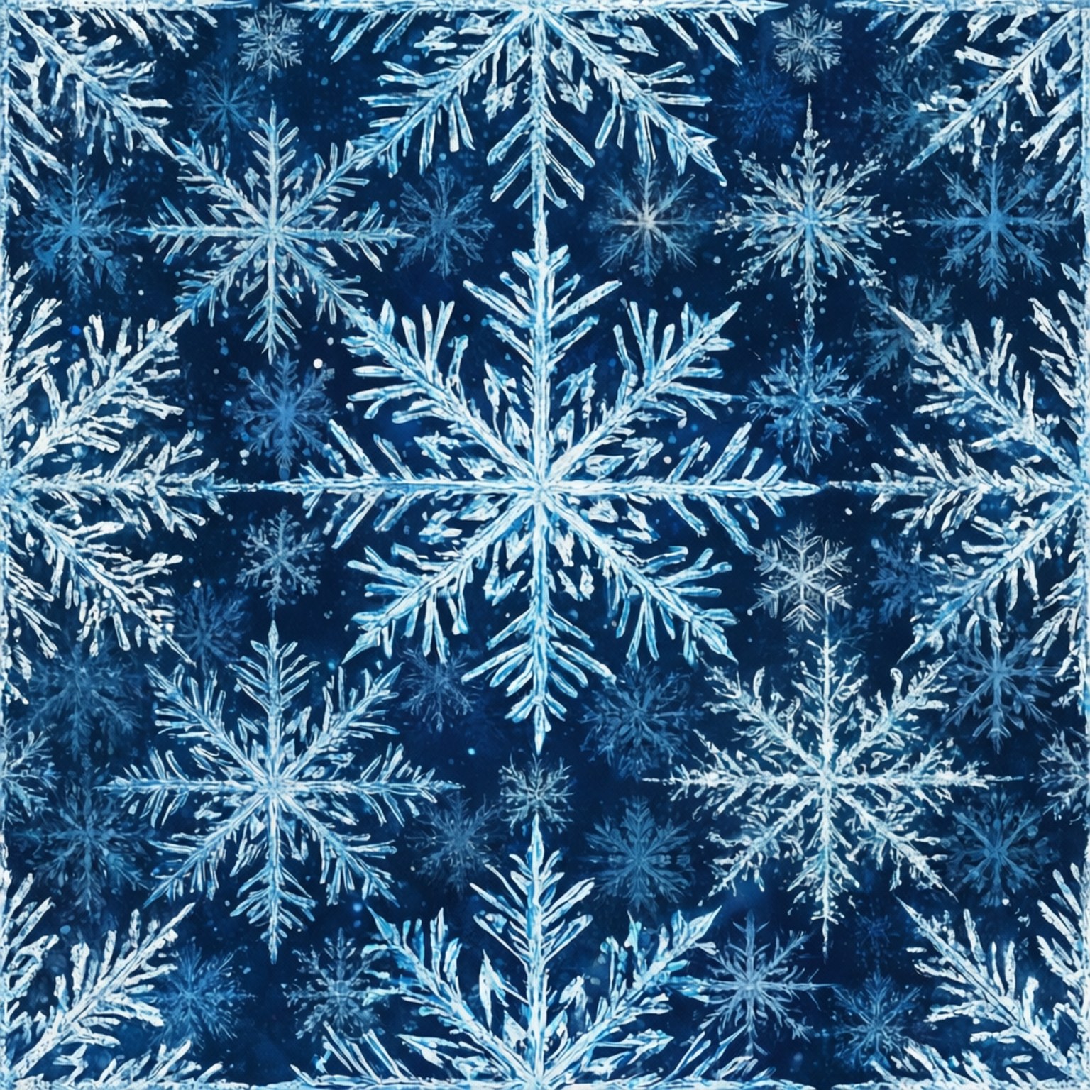 Blue Snowflake Pattern 壁紙 — 在深藍色紋理背景上，密集排列著各種大小和形狀的複雜白色雪花圖案。
