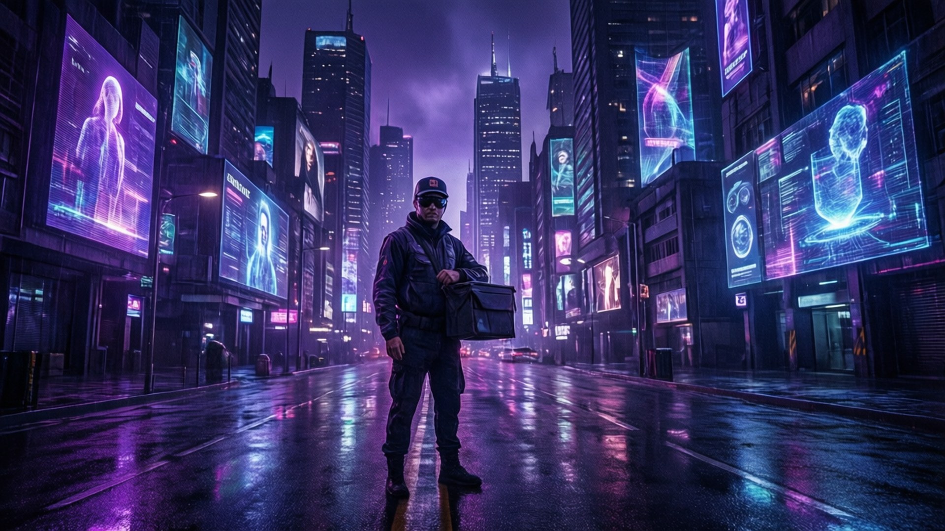 Cyberspace 桌布 壁紙 — 在未來城市的夜晚，一個孤獨的身影站在被雨水浸濕的街道上，頭頂是發光的霓虹廣告牌。