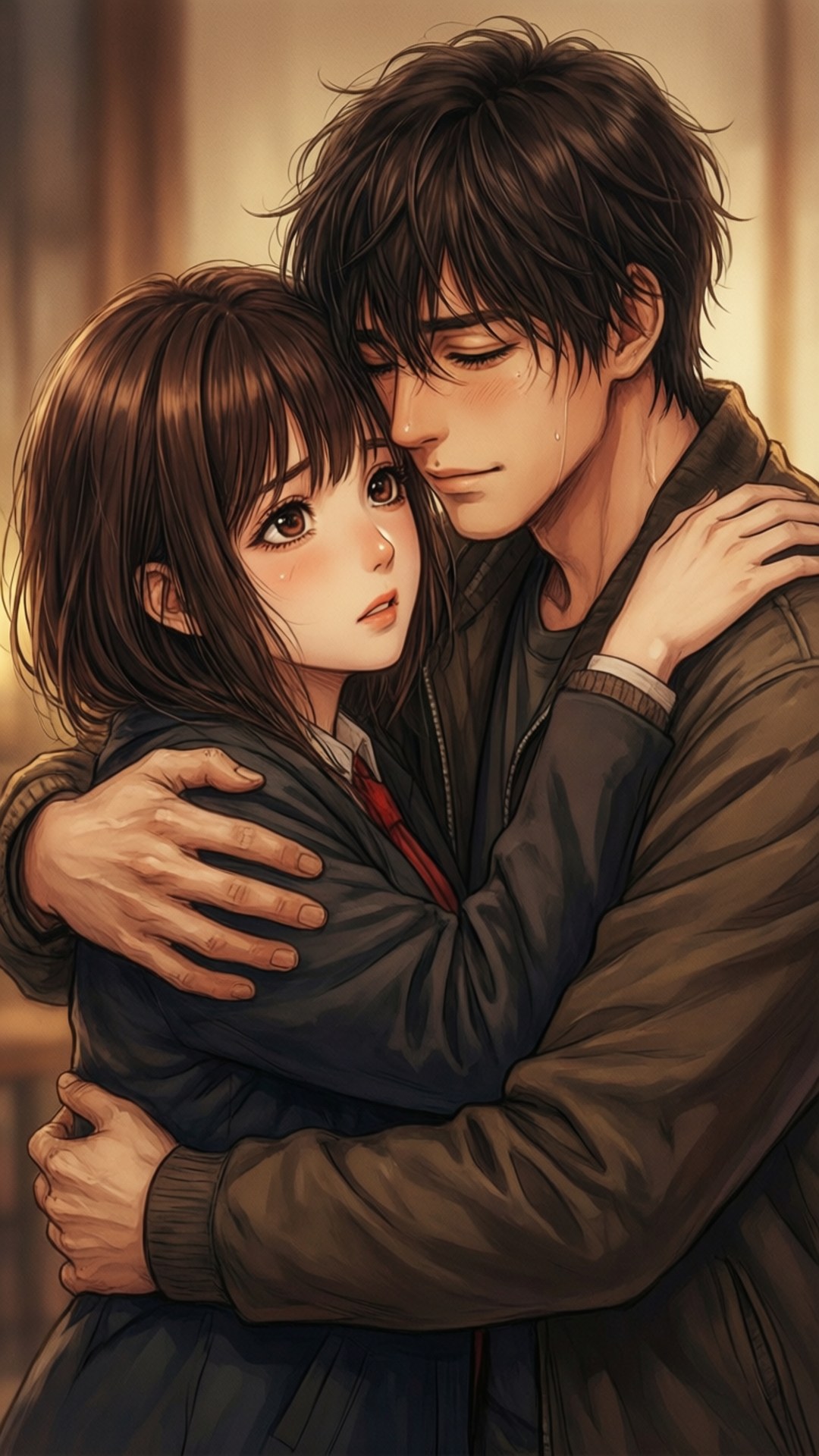 Sisterly Love 壁紙 — 在溫暖的金色光芒中，年輕男女以動漫風格溫柔擁抱。