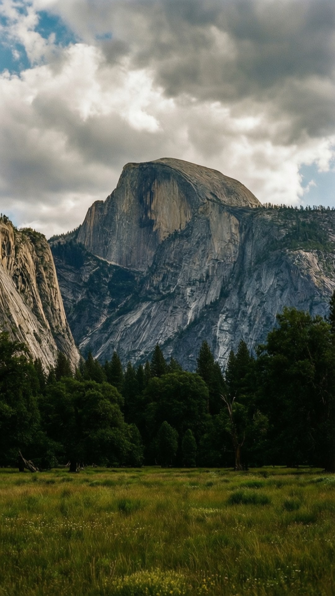 El Capitan Meadow View 壁紙 — 在戲劇性的多雲天空下，廣闊的綠色草地延伸到半圓頂的巨大花崗岩面之前。