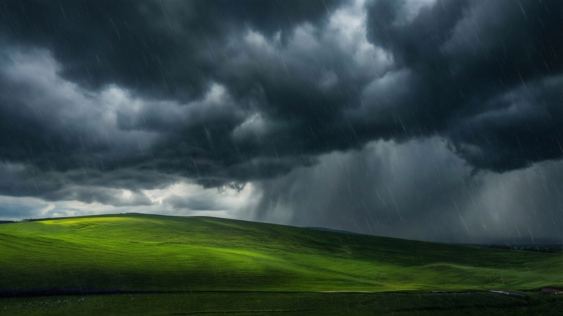 Stormy Bliss 壁紙 — 在戲劇性的黑暗暴風雲和暴雨下，陽光普照的充滿活力的綠色山坡。