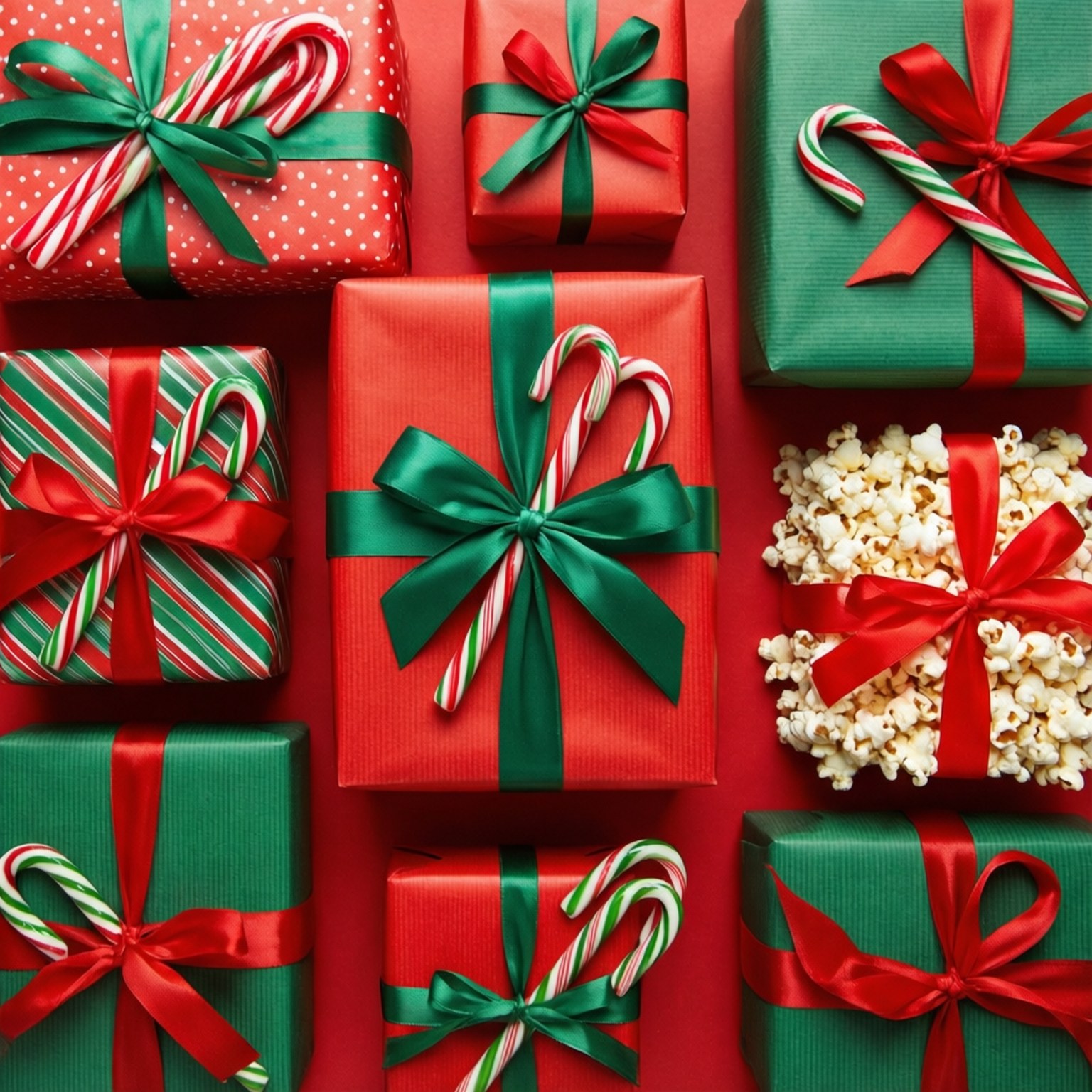 Flat Lay Christmas Gifts 壁紙 — 在鮮紅色背景上，紅色和綠色包裝的禮物點綴著拐杖糖和絲帶的節日平面佈置。