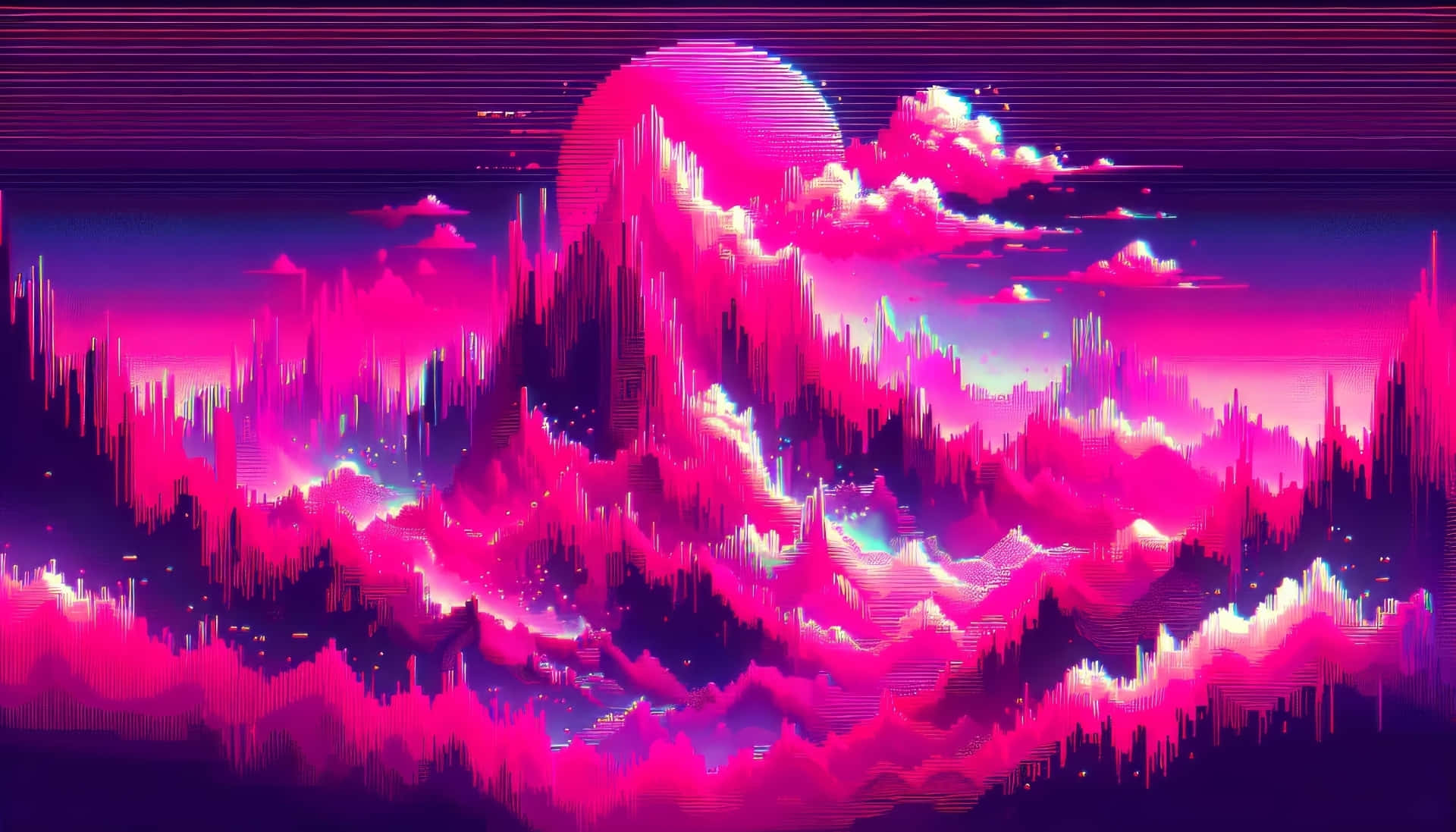  壁紙 — 在像素化太陽和雲層扭曲下的霓虹粉紅和紫色故障山脈。