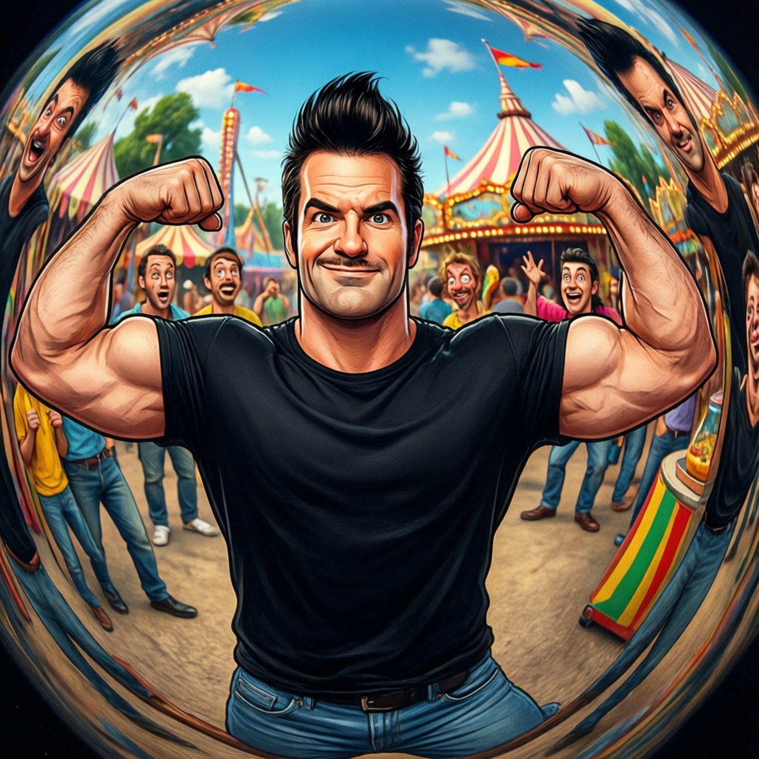 Johnny Bravo Funhouse 壁紙 — 在一個充滿活力的嘉年華會上，一個肌肉發達的男子在魚眼鏡頭內彎曲他的二頭肌，背景有條紋帳篷和歡呼的人群。