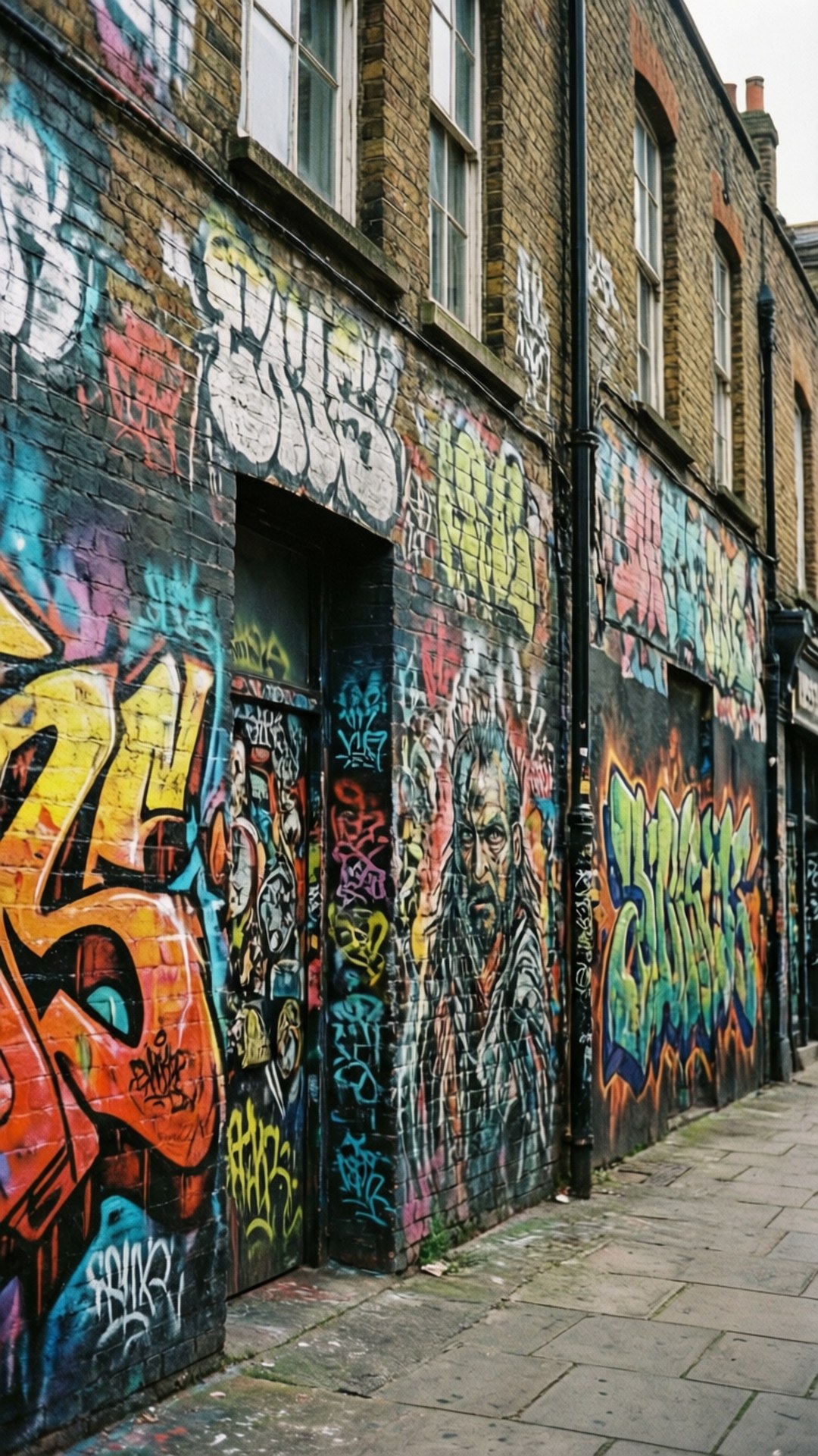 Shoreditch Murals 壁紙 — 在陰天之下，充滿活力的塗鴉藝術以鮮豔色彩和風格化標籤覆蓋磚砌小巷牆壁。