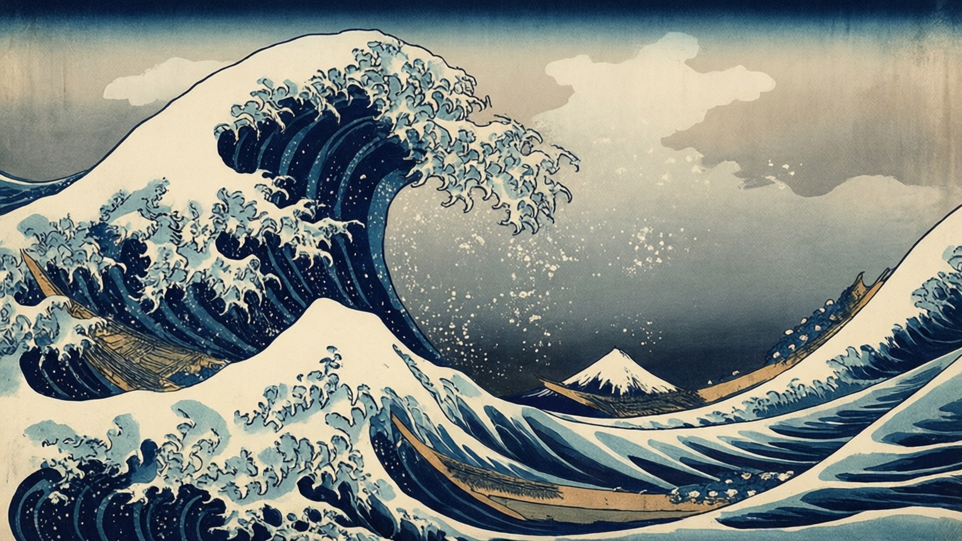 The Great Wave Tribute 壁紙 — 在陰天之下，巨大的藍色波浪捲過船隻，遠處可見富士山。
