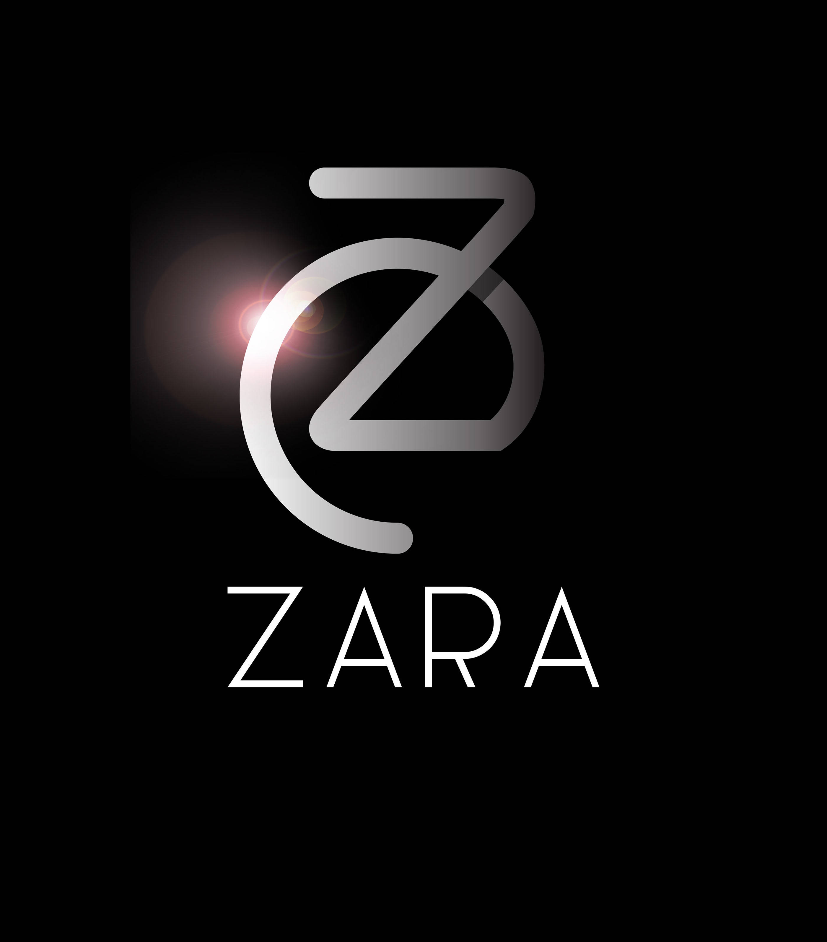Zara 桌布 壁紙 — Zara 標誌，帶有風格化的 Z 符號和品牌名稱，白色字體在黑色背景上，帶有微妙的鏡頭光暈。