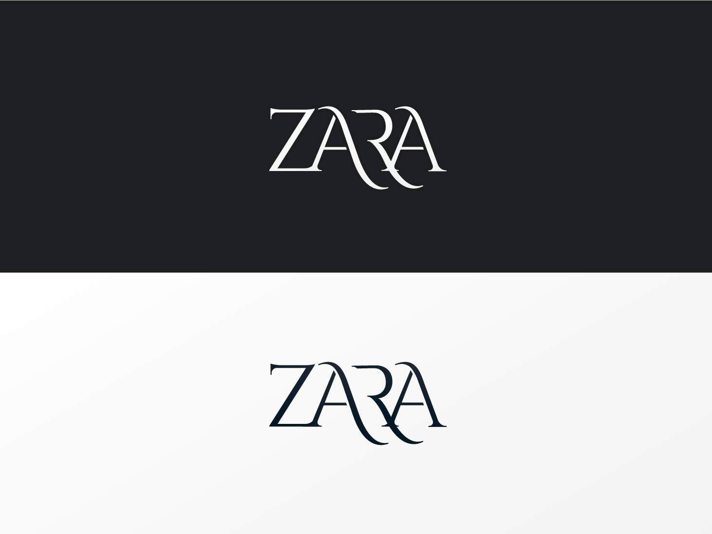 Zara 桌布 壁紙 — Zara 標誌以優雅的白色字體顯示在黑色背景上，並在白色背景上反轉顯示。