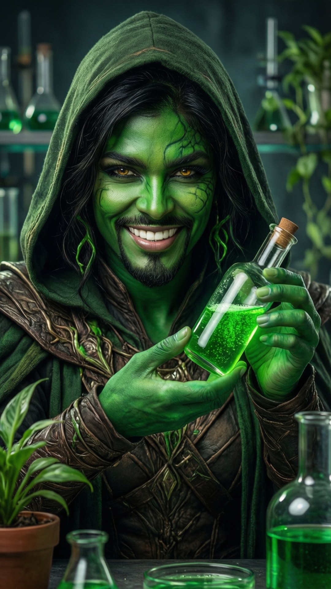 Zavia的毒藥配方 壁紙 — 一位綠色皮膚、穿著連帽長袍的煉金術士微笑著，在一個裝滿玻璃瓶的實驗室中拿著一個發光的綠色藥水。
