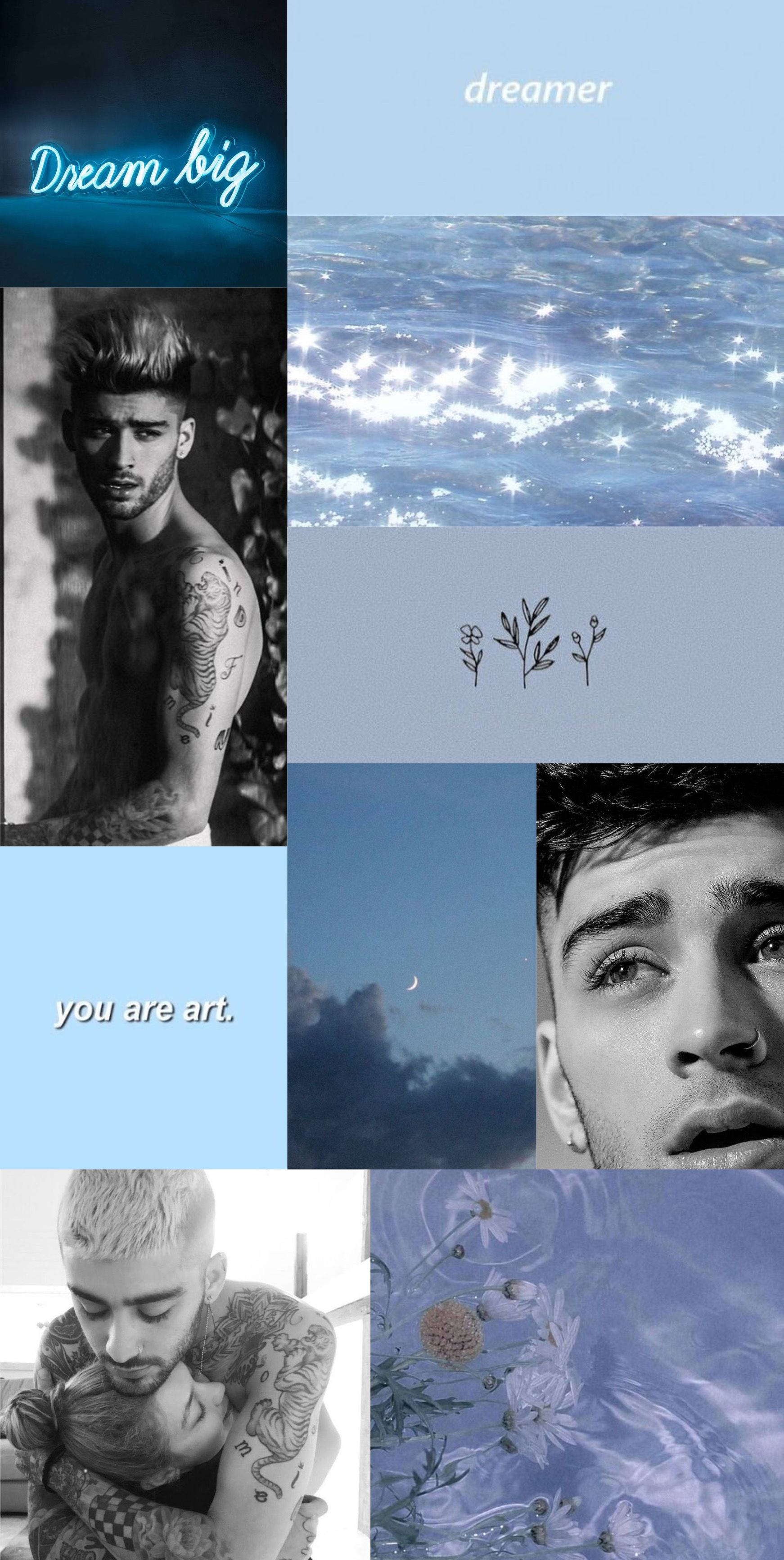 美學拼貼 桌布 壁紙 — Zayn Malik 照片拼貼與夢幻藍色水彩花卉場景，搭配勵志文字疊加。