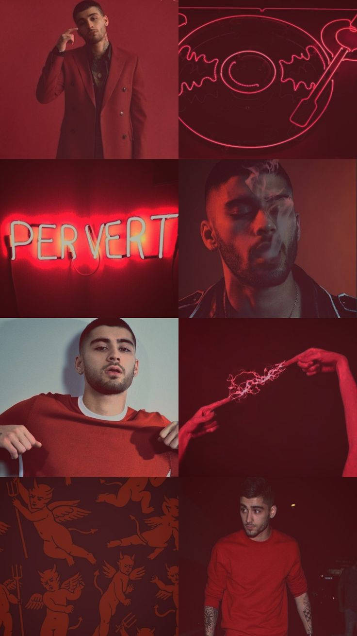 贊恩·馬利克 桌布 壁紙 — Zayn Malik 的紅色調拼貼畫，搭配霓虹燈牌和魔鬼圖案，營造出陰鬱的藝術肖像。