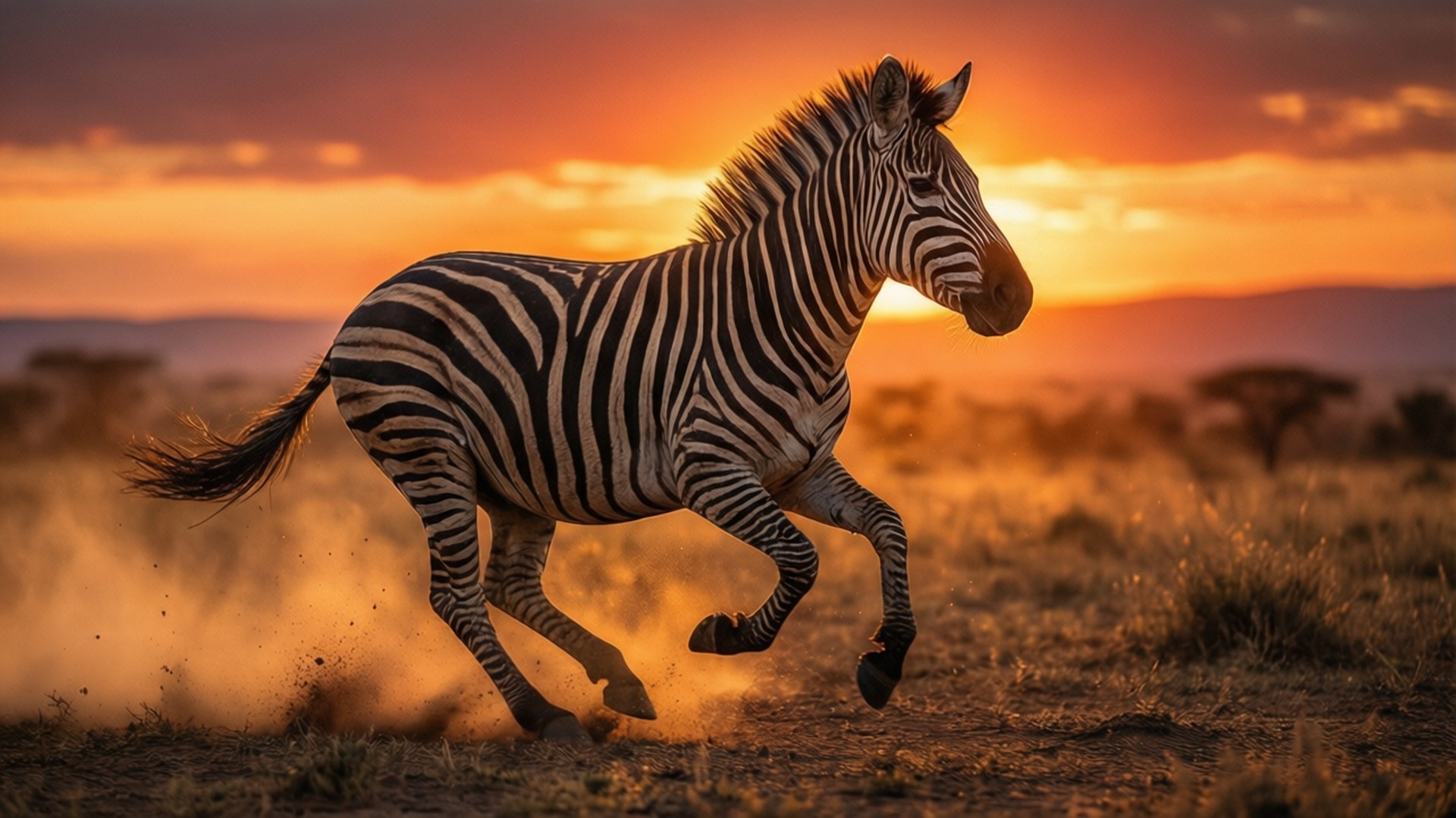 Savanna Sunset Gallop 壁紙 — 斑馬在塵土飛揚的稀樹草原上奔馳，金色的夕陽將天空和景觀沐浴在溫暖的色調中。