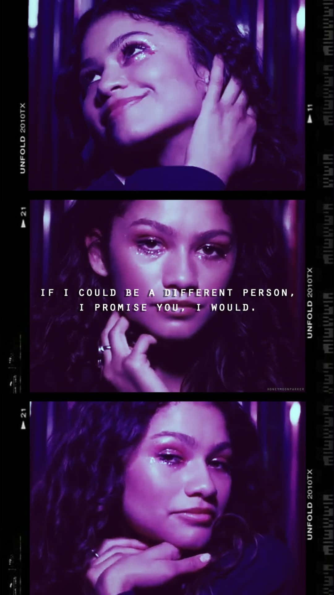 愉悅 桌布 壁紙 — Zendaya 三個情感特寫，紫色燈光，臉上帶有淚痕。