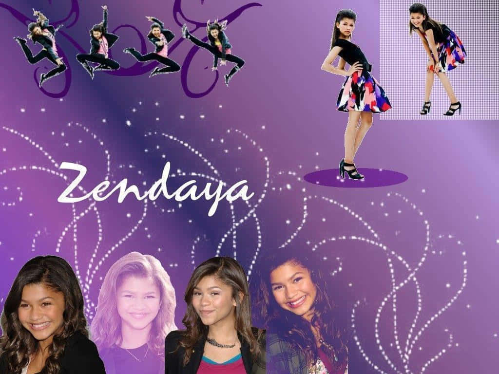 Zendaya 桌布 壁紙 — Zendaya 以充滿活力的姿勢和肖像，襯托閃爍紫色背景和旋轉光效圖案。