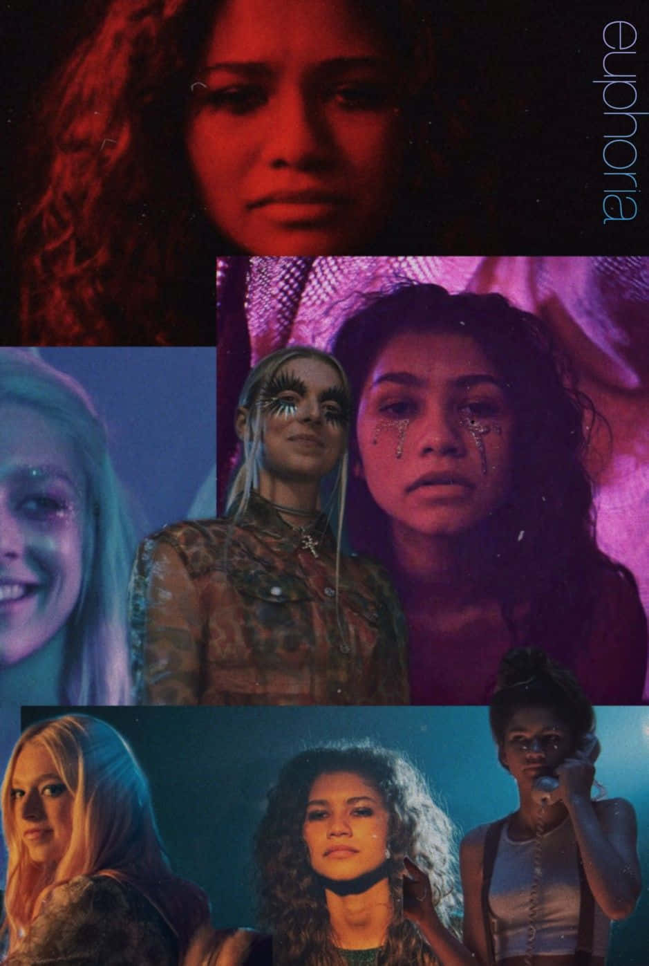 Euphoria Hbo iPhone 桌布 壁紙 — Zendaya 在《Euphoria》中戲劇性霓虹燈場景的拼貼畫，展現強烈表情和閃亮化妝。