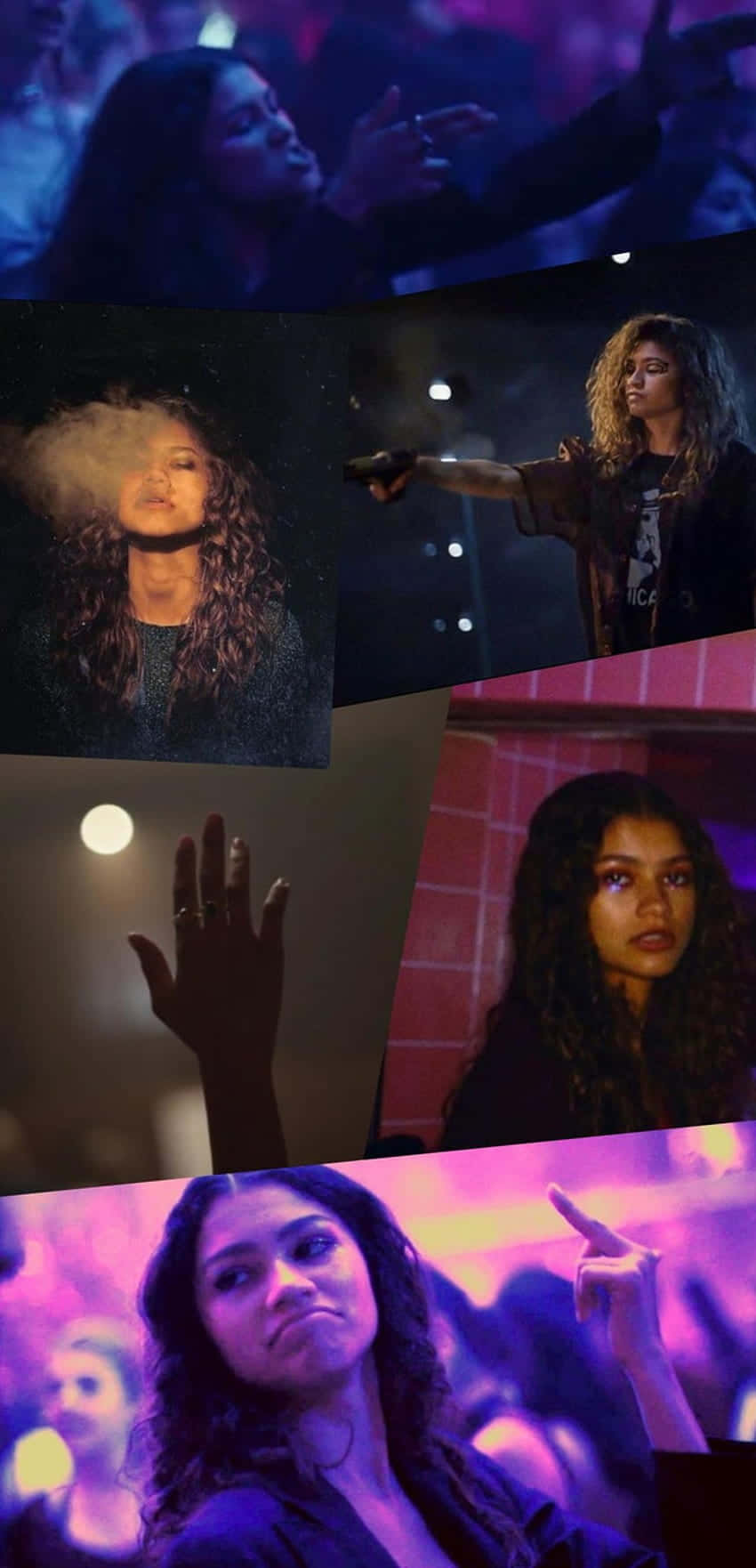 Euphoria Hbo iPhone 桌布 壁紙 — Zendaya 在充滿活力的紫色和藍色演唱會燈光下，以動態姿勢捕捉於表演時刻的拼貼畫中。