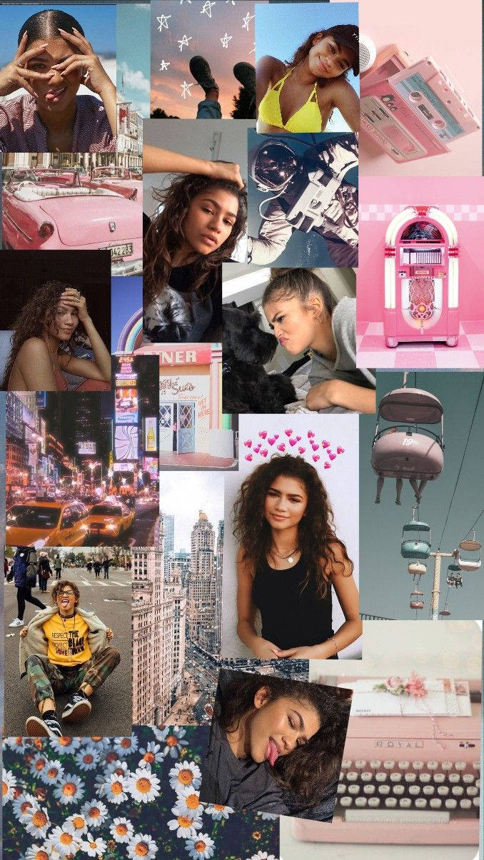 Zendaya 桌布 壁紙 — Zendaya 在各種粉紅色主題場景中的鮮豔拼貼畫，包括城市街道、復古點唱機和花卉圖案。