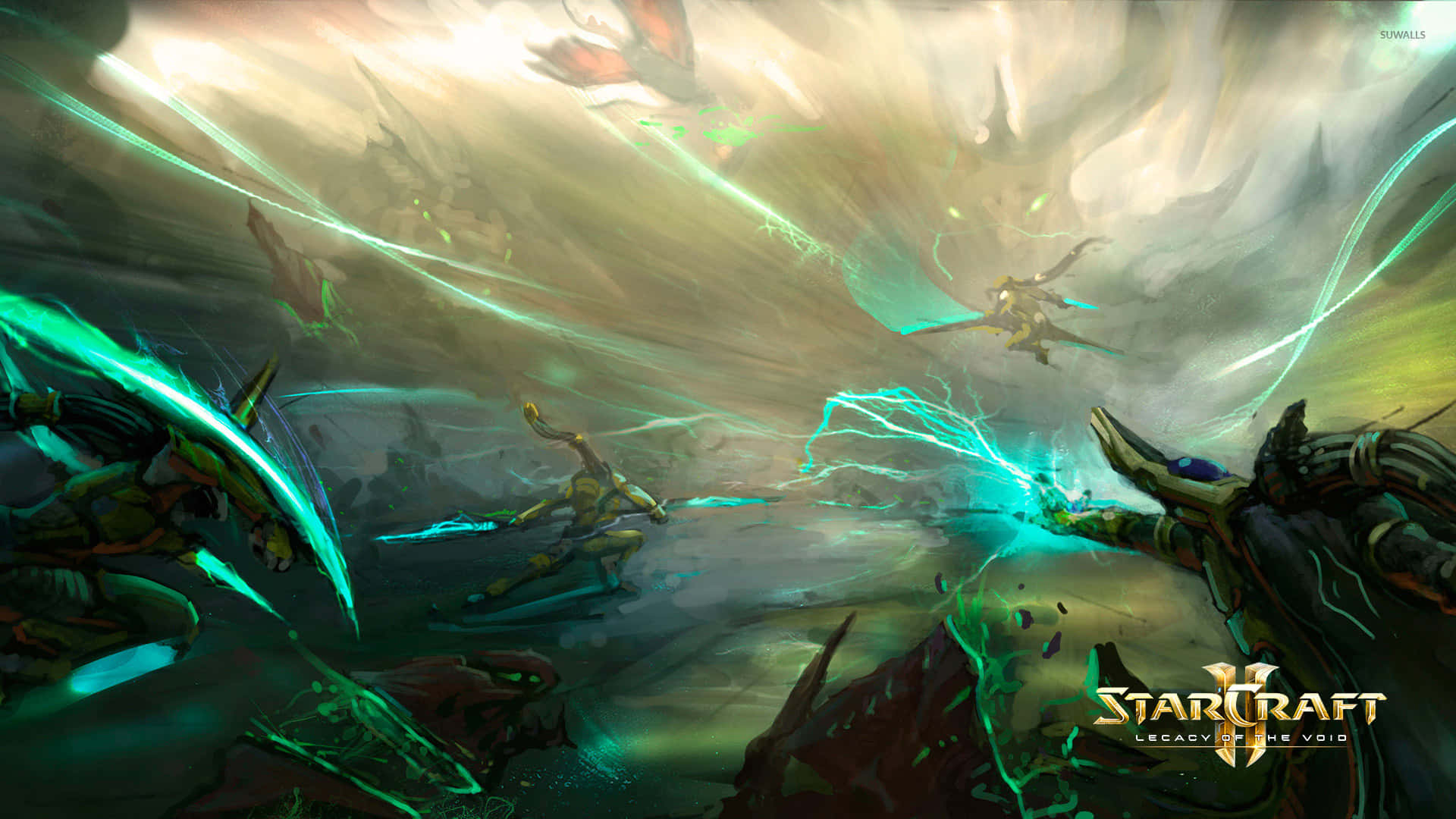 Void 桌布 壁紙 — Zerg 和 Protoss 戰士在混亂的戰鬥中碰撞，伴隨著發光的綠色能量光束和旋轉的烏雲。
