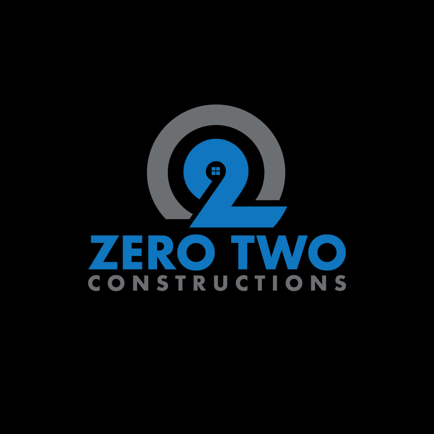 零二 桌布 壁紙 — Zero Two Constructions 的時尚標誌，採用風格化的藍色數字二，內部帶有窗戶細節，置於黑色背景上。