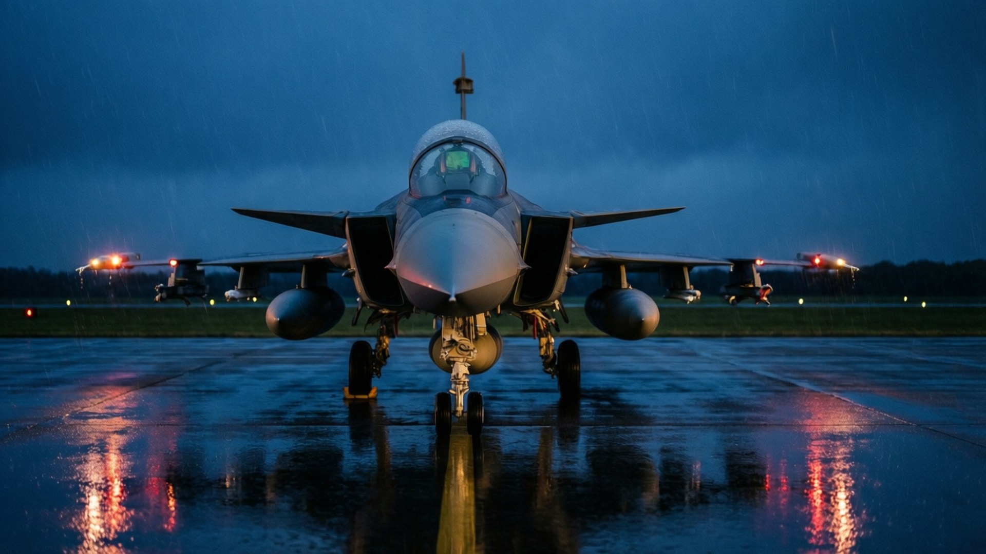 Saab JAS 39 Gripen 桌布 壁紙 — 一架戰鬥機在黃昏時分停在濕滑的跑道上，發光的燈光在濕漉漉的瀝青上反射。