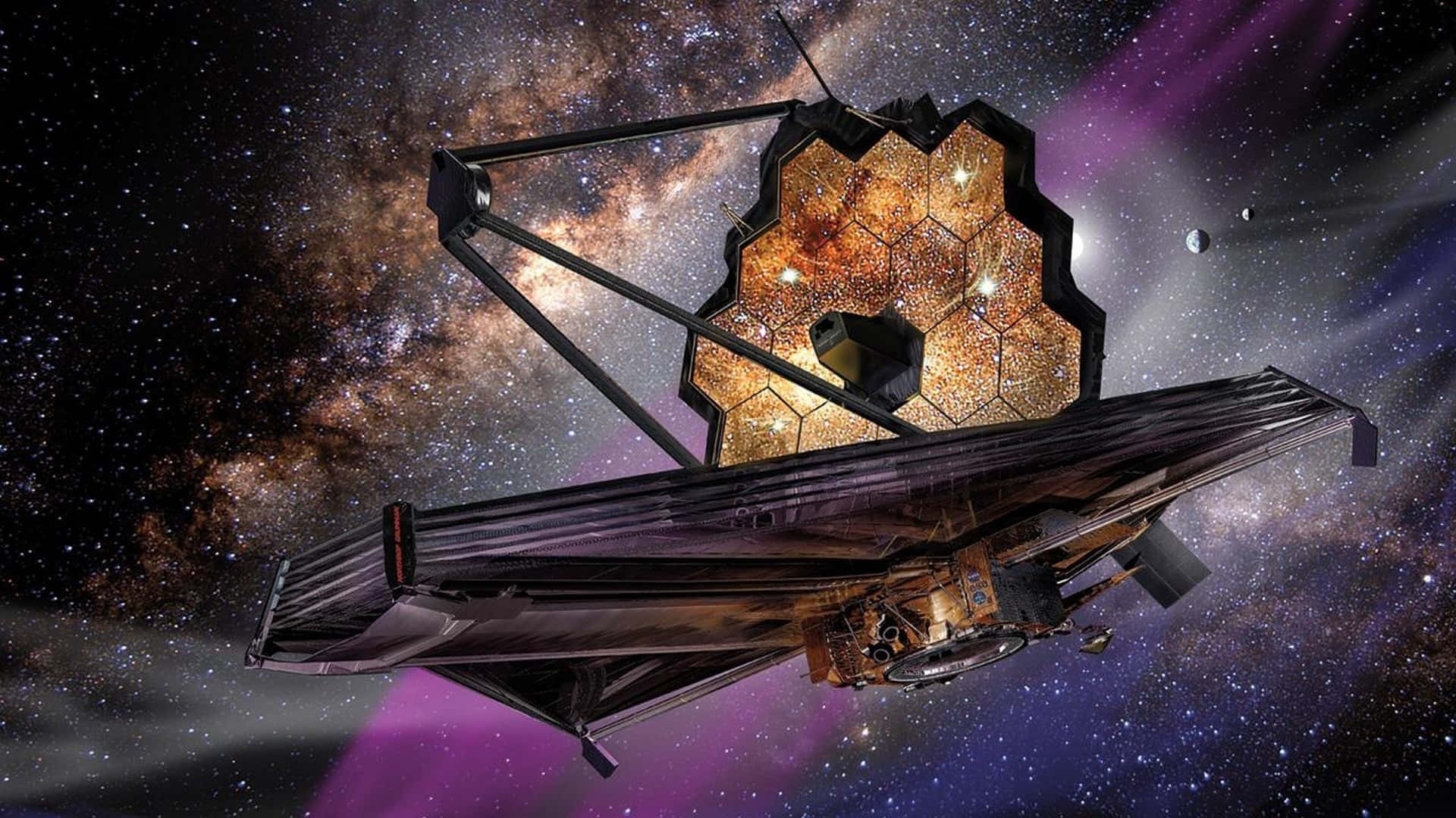  壁紙 — 詹姆斯·韋伯太空望遠鏡在充滿星星、星雲和紫色宇宙塵埃的鮮豔宇宙背景下漂浮。