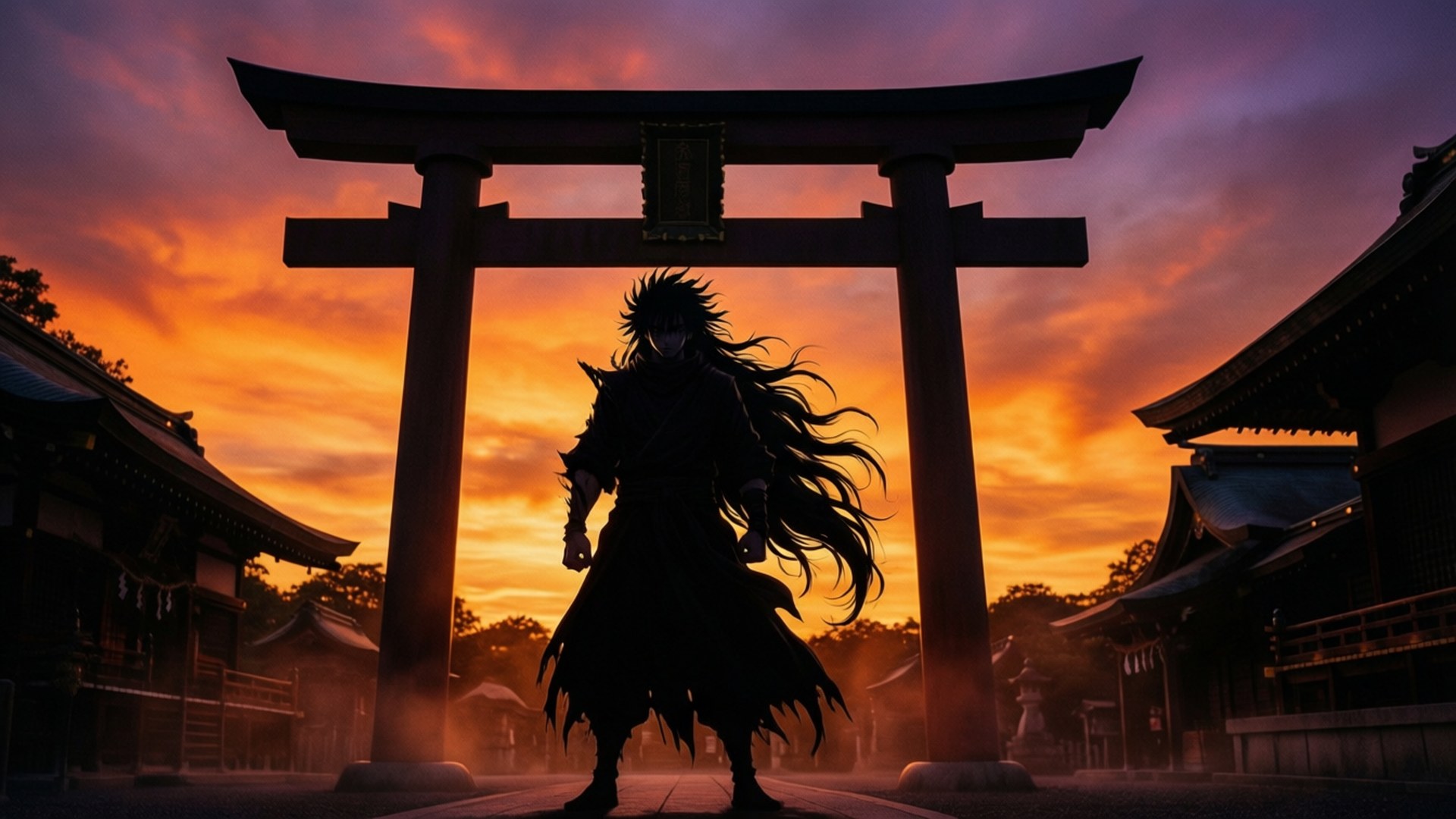 宿儺 桌布 壁紙 — 一個戰士剪影站在傳統日本鳥居前，背景是熾熱的日落天空。