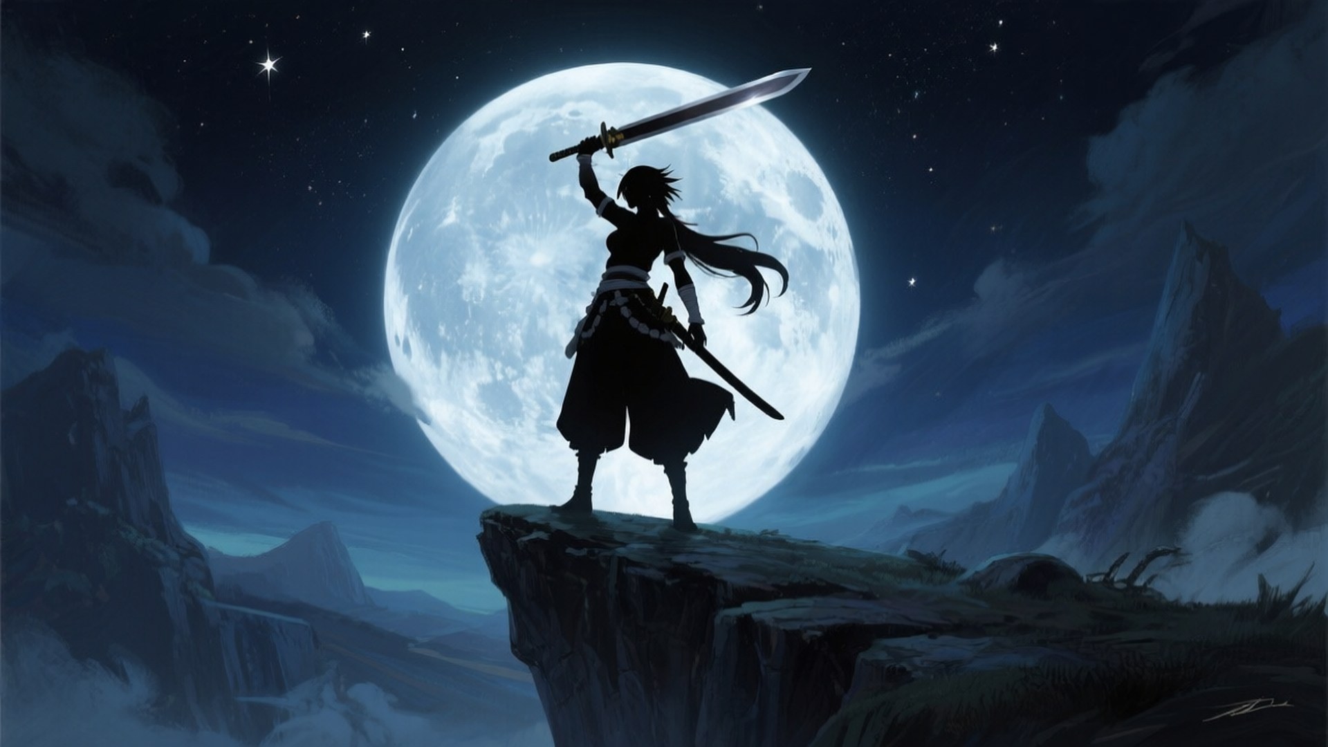 Akame Against the Moon 壁紙 — 一個戰士剪影站在懸崖頂上，高舉劍對著巨大的發光月亮和星空。