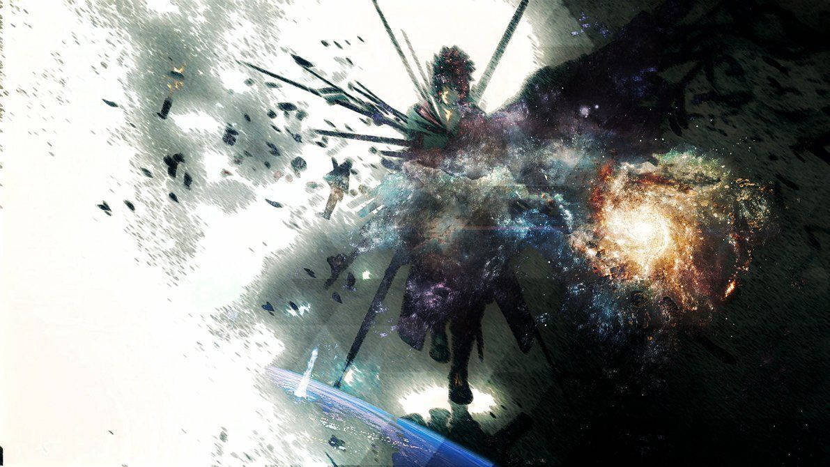 太空中的戰士手持劍，被宇宙碎片和發光星雲包圍。 — Sasuke 壁紙