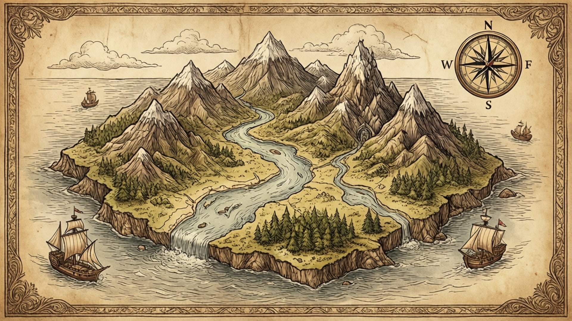 Fantasy Doodle Map 壁紙 — 一張古老羊皮紙地圖描繪了一個多山的島嶼，周圍有河流、森林和帆船。