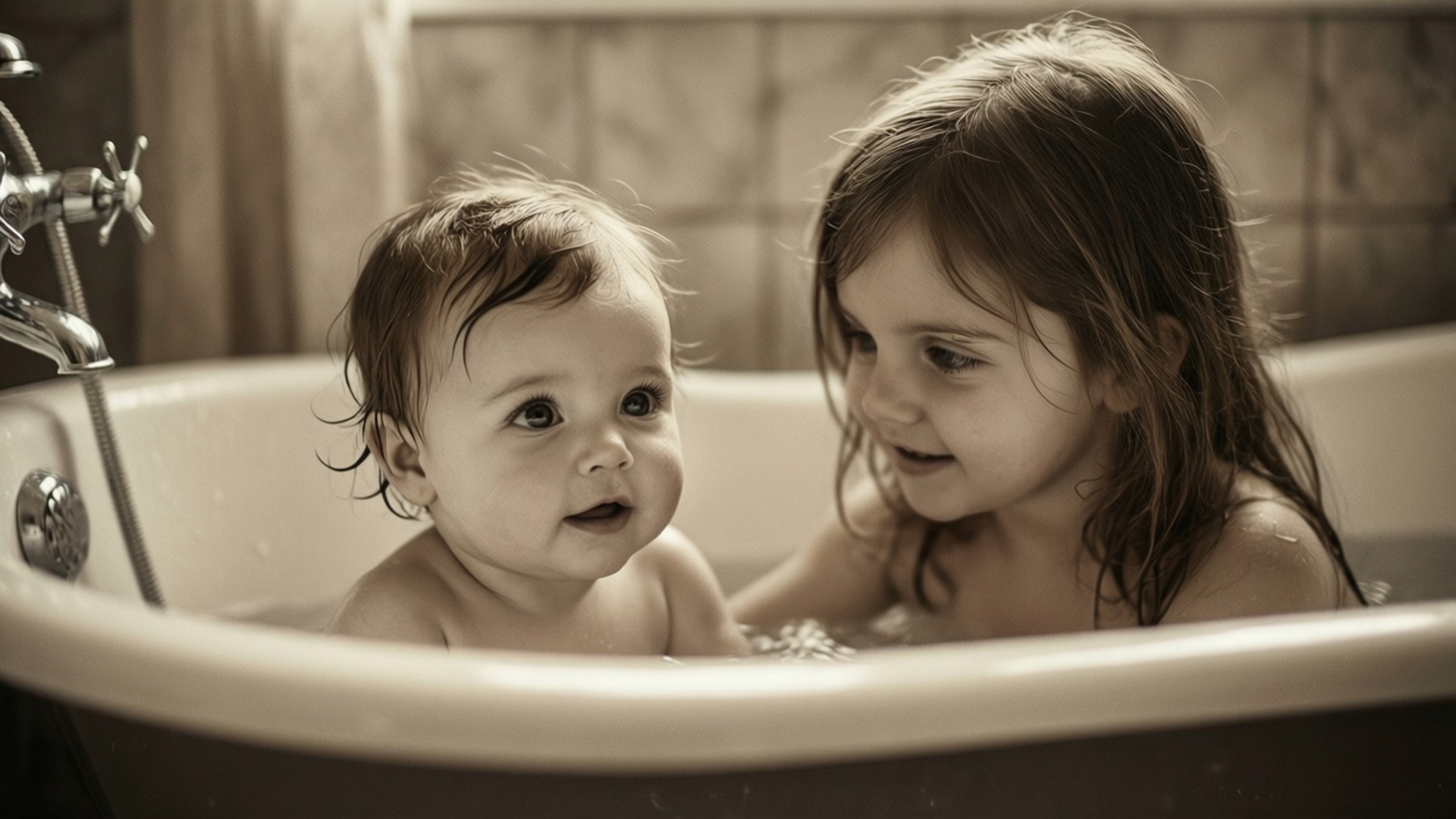 Vintage Bathtub Scene 壁紙 — 一張懷舊棕色調的照片顯示一個幼兒和一個較大的女孩在復古浴缸中互相微笑。