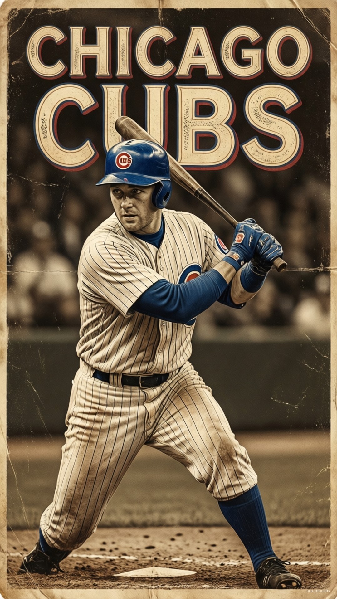 Vintage Cubs Poster 壁紙 — 一張芝加哥小熊隊棒球運動員穿著細條紋制服準備在本壘板揮棒的復古海報。