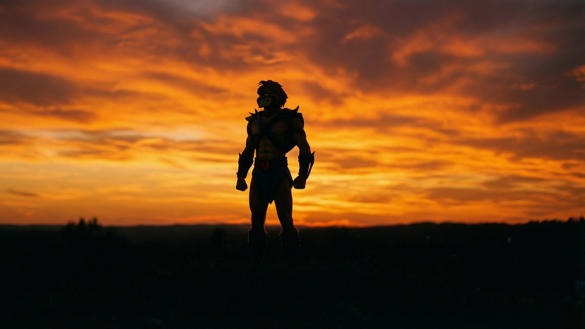 Thundercats at Sunset 壁紙 — 一個戰士身影在黑暗的風景上，以火紅橙色的日落天空為背景形成剪影。