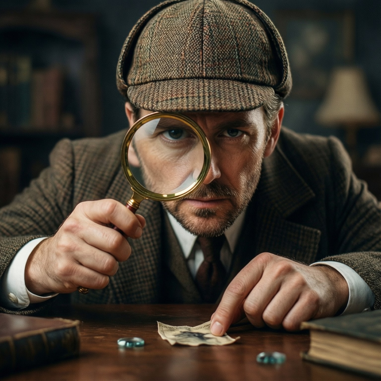 The Clue 壁紙 — 一位戴粗呢帽、穿西裝的偵探，透過放大鏡專注地看著木桌上的一張皺巴巴的鈔票，周圍堆滿書籍。