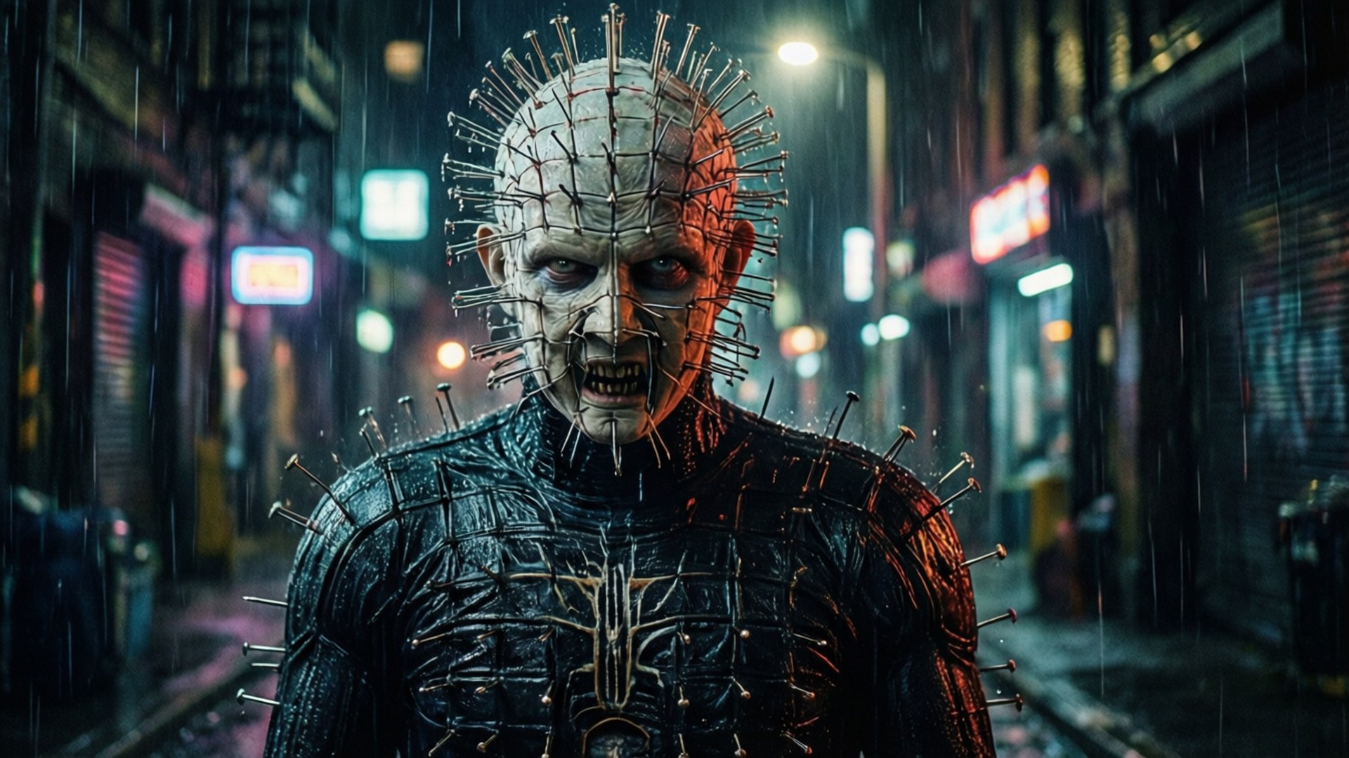Pinhead 桌布 壁紙 — 針頭在雨淋濕的霓虹燈小巷中威嚇地站立，發光的招牌和濕漉漉的路面反射著燈光。
