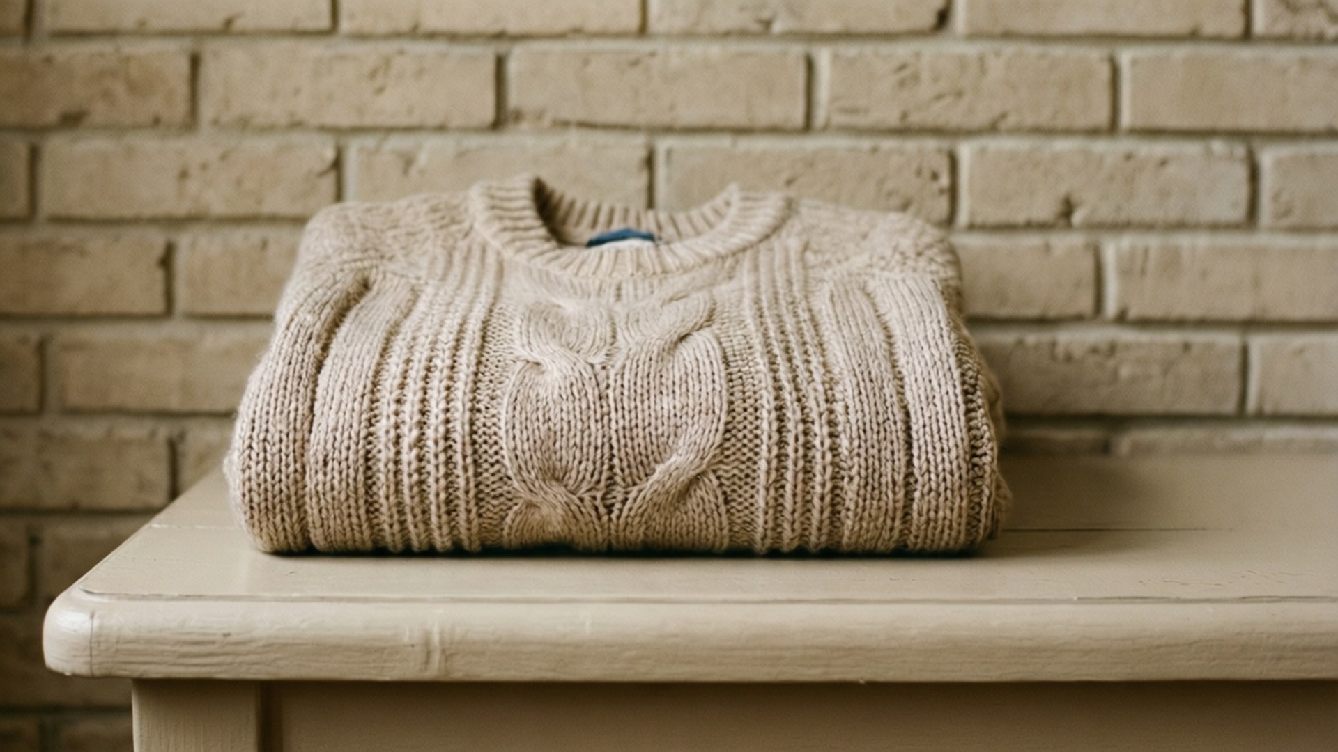 Beige Knitted Sweater 壁紙 — 一件整齊折疊的米色麻花針織毛衣放在淺色木桌上，背景是紋理磚牆。