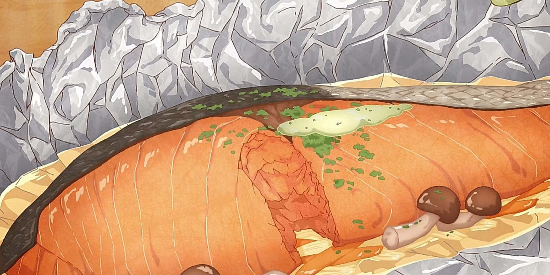  壁紙 — 一幅充滿活力的插圖，展示整塊鮭魚菲力配上香草和蘑菇，放在皺巴巴的錫箔紙上。