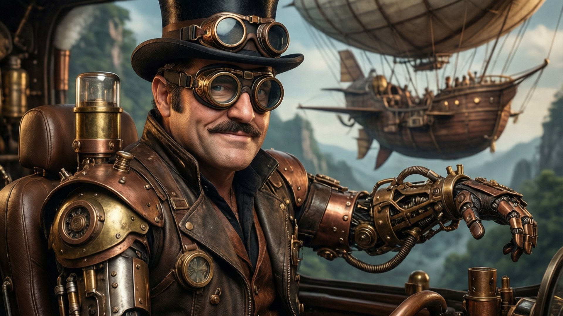 Johnny Bravo Steampunk 壁紙 — 一位蒸汽龐克飛行員戴著黃銅義手和護目鏡，在他的飛船駕駛艙內微笑，一艘巨大的齊柏林飛船在霧氣繚繞的山脈上空航行。