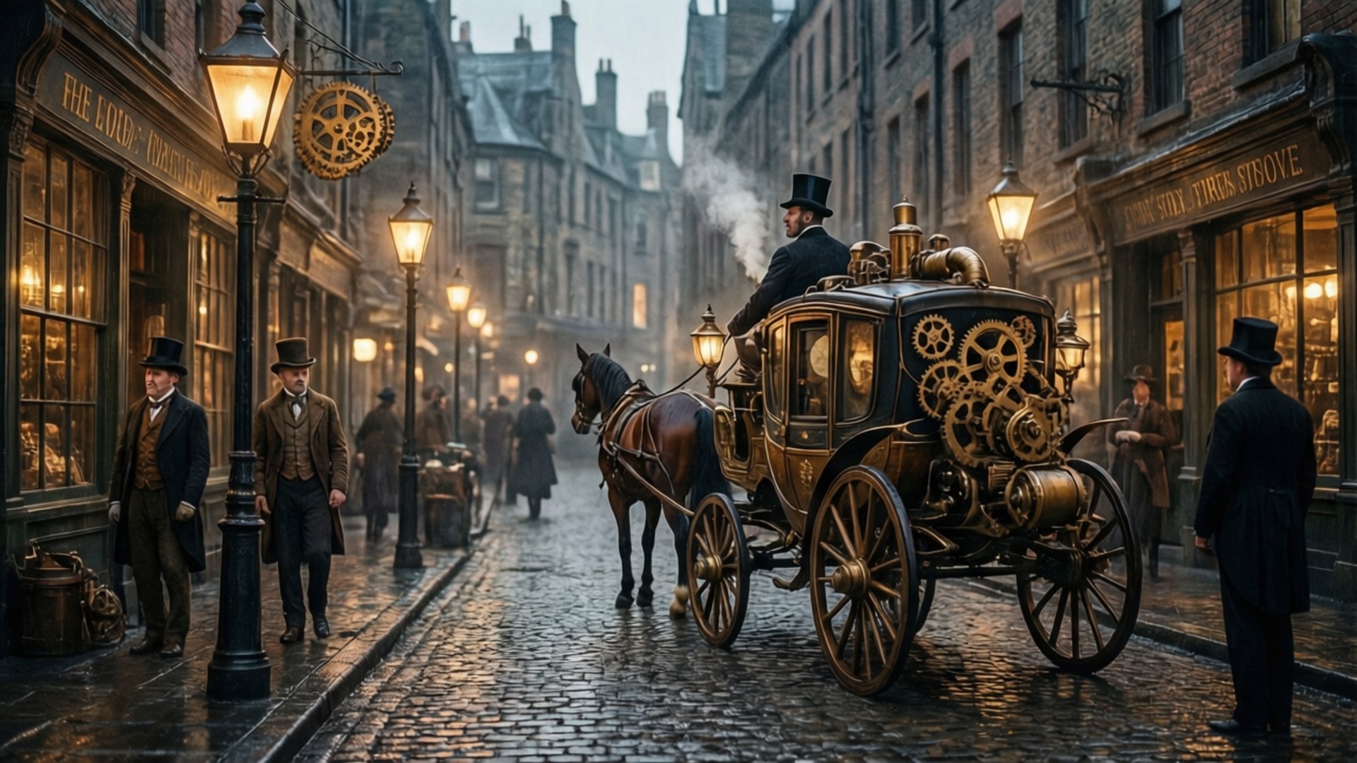 Victorian Steampunk Street 壁紙 — 一輛蒸汽驅動的馬車，帶有外露的黃銅齒輪，行駛在鋪滿鵝卵石的街道上，街道兩旁是煤氣燈和維多利亞時代的店面。