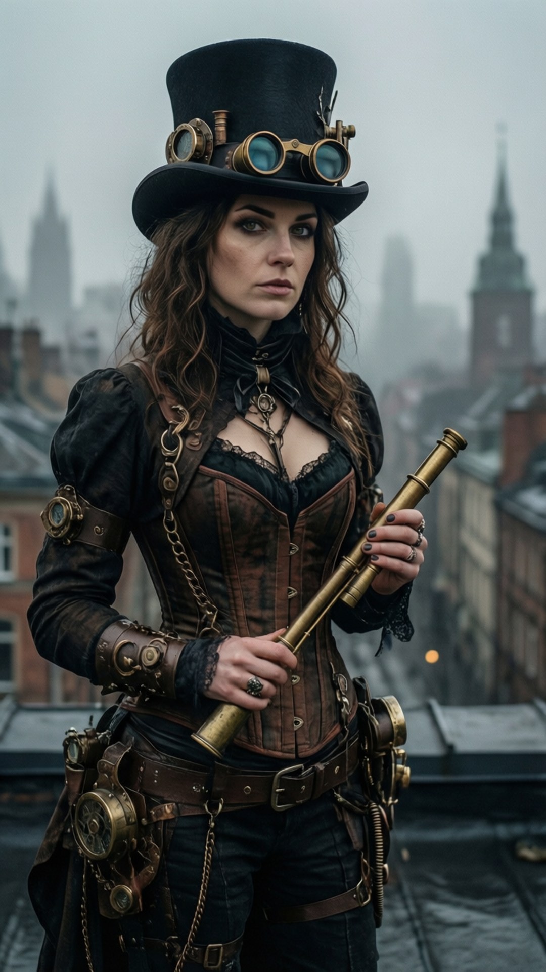 Steampunk Woman Rooftop 壁紙 — 一位戴著高頂帽和護目鏡的蒸氣龐克女性站在屋頂上，手持黃銅望遠鏡，背景是霧濛濛的城市天際線。