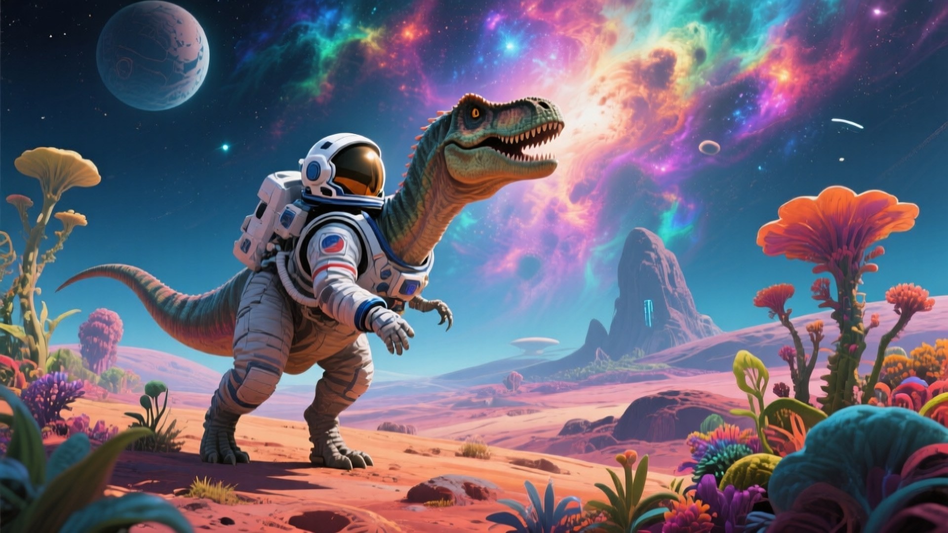 Space Dinosaurs 壁紙 — 一隻穿著太空衣的恐龍站在一個色彩繽紛的外星行星上，天空中有充滿活力的星雲、漂浮的行星和奇異的植物。